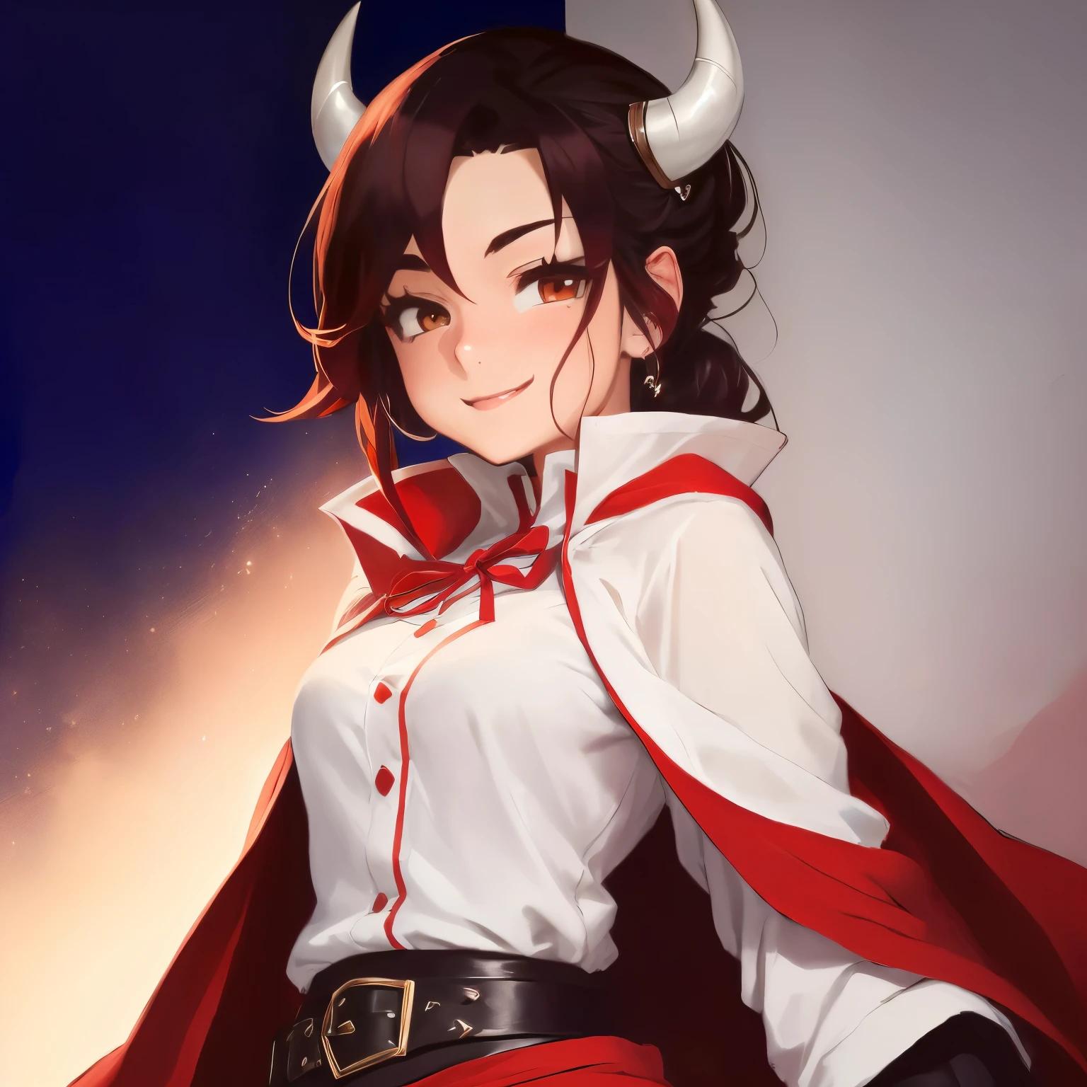 anime character with a Vermelho cape and a white shirt, [[[[sorrindo maldosamente]]]], demon slayer rui Admirador de arte, official Admirador de arte, sorrindo lascivamente, high quality Admirador de arte, commission for high resolution, ((Vermelho)) olhos esbugalhados, detailed Admirador de arte, de arte, em estilo anime, Admirador de arte, black - haiVermelho mage, official de arte