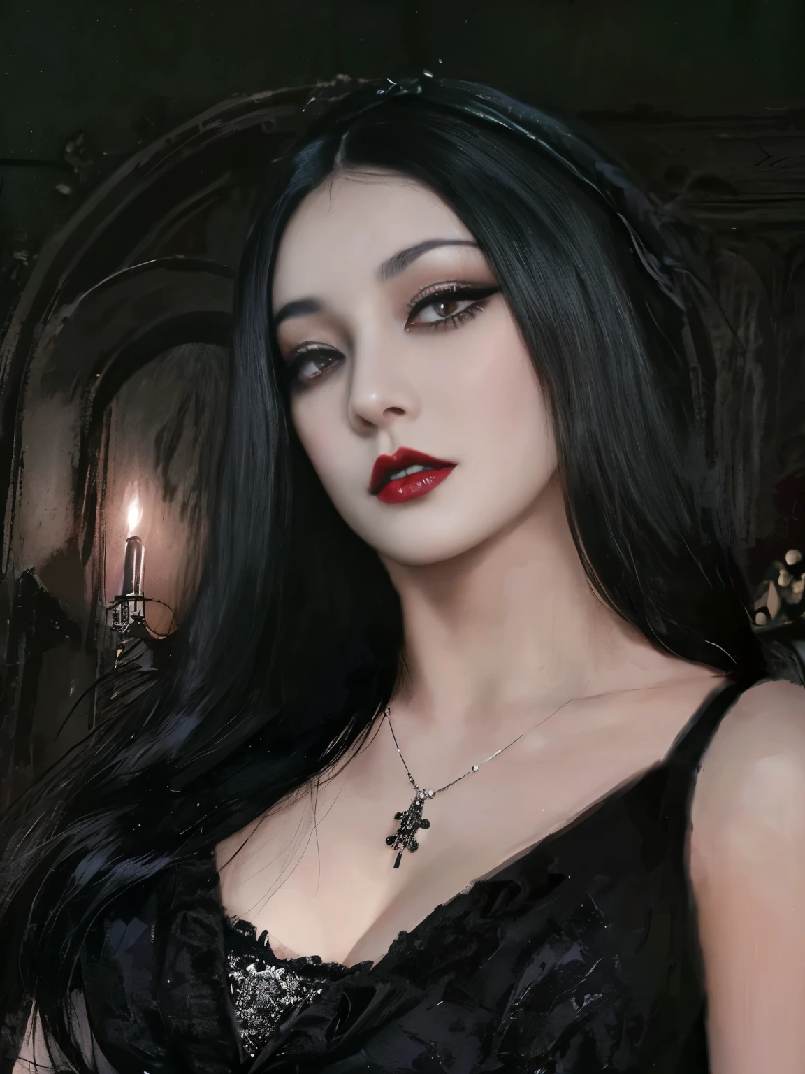 Close up of woman with long black hair wearing black bra, pale goth beauty, Queen of the Dark Goth, goth girl aesthetic, gothic horror atmosphere, wearing goth makeup, Bowwater(Bowater)In the art style of, pale skin and dark eyes, amurans, Mona Lisa as a goth girl, Beautiful vampire female queen, morticia adams, Beautiful vampire queen