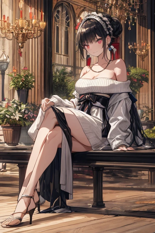 (((Masterpiece))),(((Super Detail))),(((in 8K))),(((best composition))),(((Rim lighting,Fireglow effect,deep shadow))),solo),Beautiful fingers,Detailed finger features,(Detailed hair features:1.7),(Dynamic and sexy bending pose:1.3),detailed facial features,detailed clothes features, (perky chest:1.1), (pointed chest:1.3), delicate beautiful face, Bright blue eyes, cute eyes, sparkling eyes, Big eyes, beautiful detailed eyes,double bun with glittering hair ornament:0.6,(super detailed glossy skin:1.3),slender body,goddess smile,((with sparkling eyes and a contagious smile)),beautiful posture,have a cup of coffee,black hair, red eyes, dress, bare shoulders, jewelry, collarbone, sidelocks, hairband, earrings, indoors, off shoulder, sweater, arms behind back, plant, short hair with long locks, white hairband, off-shoulder dress, sweater dress, off-shoulder sweater, red sweater, big side hair, very long side hair,(super delicate kitty pattern:1.2),seductive cleavage:1.3,beautiful glossy legs,shiny black high heels,lifting dishes with cakesd,japanese restaurant,hustle and bustle,rising steam of coffee,(((depth of fields)))