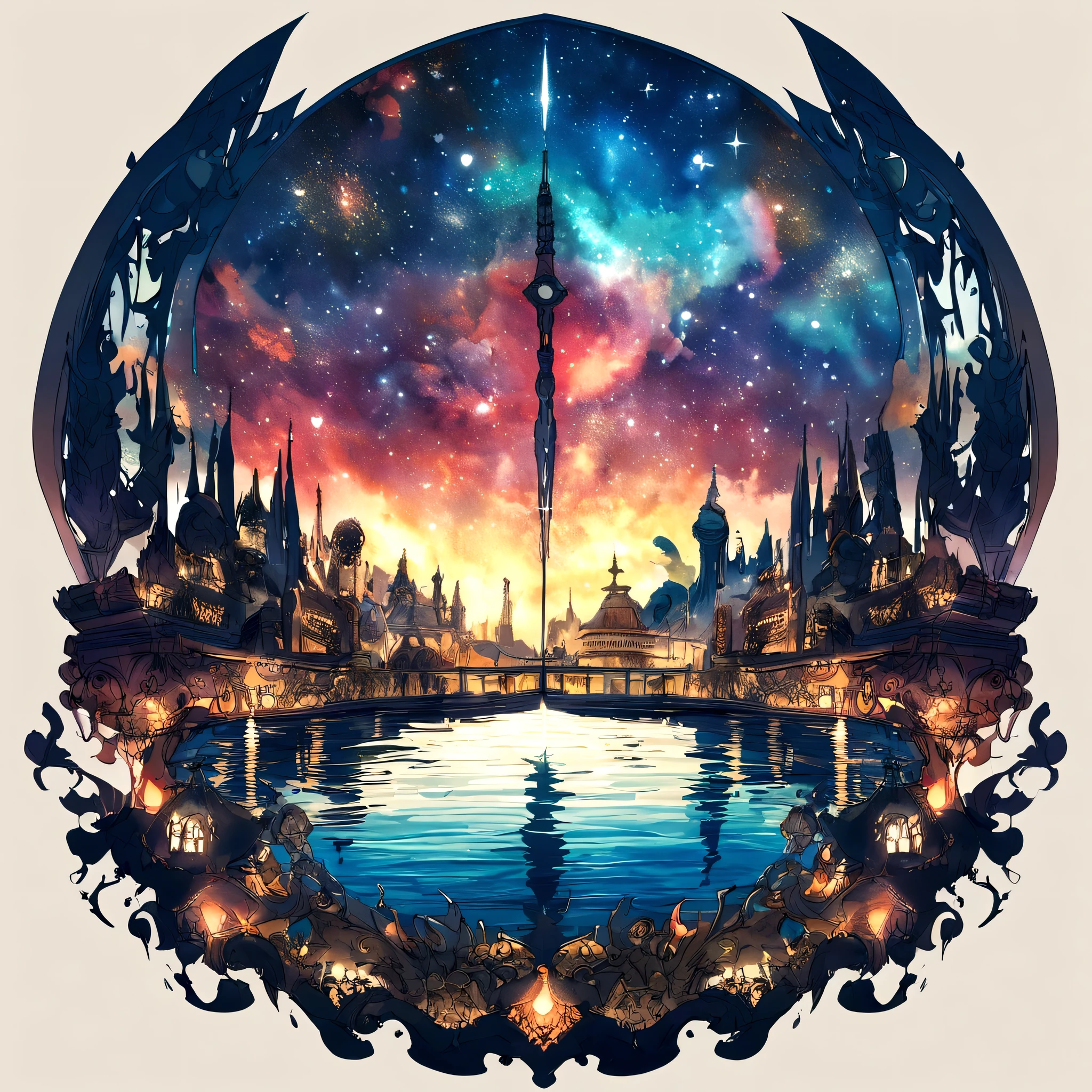 Intricate painting details of city skyline reflecting in the water of a bay in front by range murata, galaxy in the background, nuvens, cor viva, Alto contraste, montanha, arte de linha vetorial, destaques laranja, trends on pixiv, arte conceitual de anime, grudar, Mattire, alta qualidade, De ponta a ponta, Sanskrit