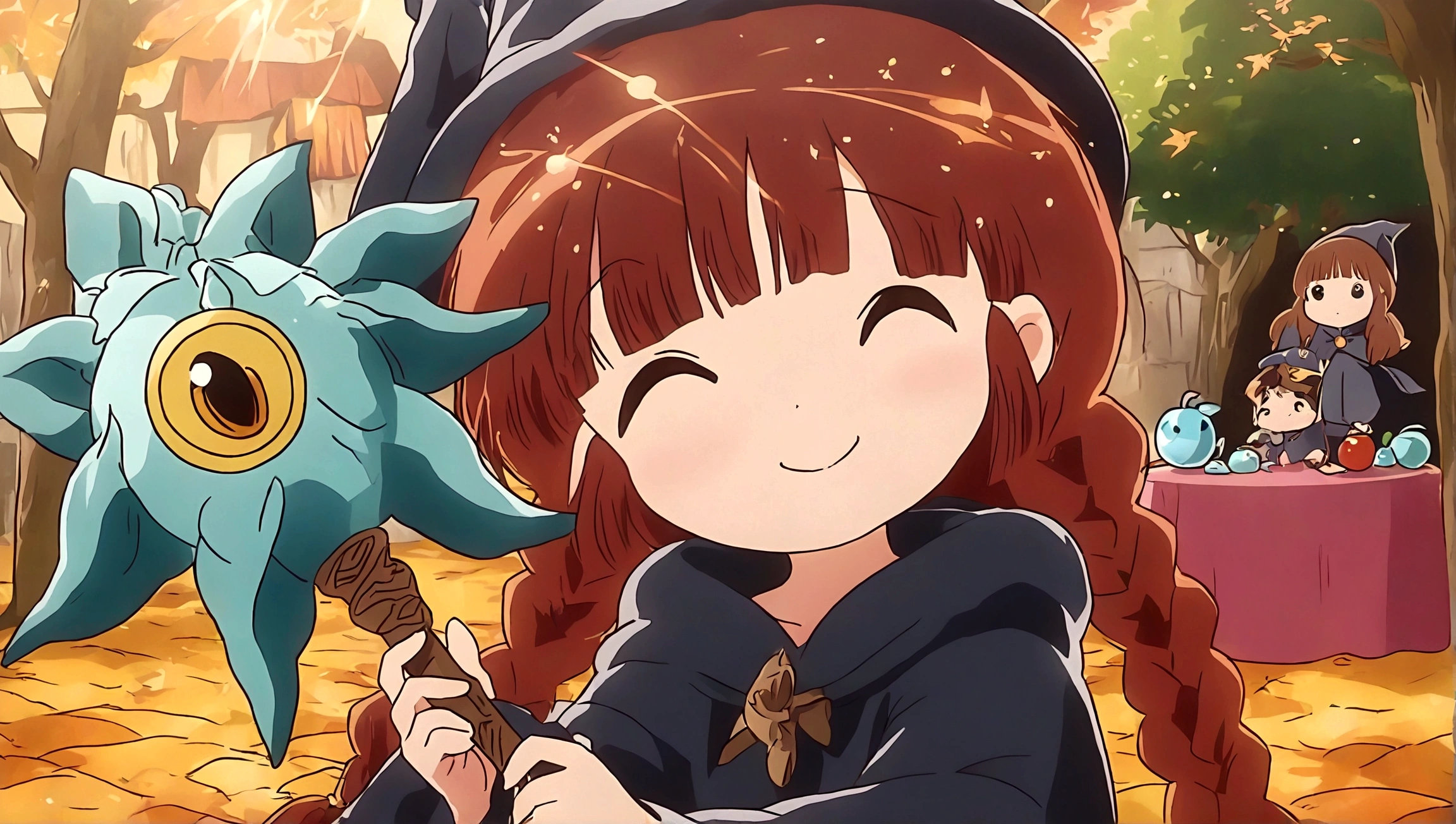 Brown double braids、, Cute anime style Hagrid, a young witch, Anime cute art style, Marisa Kirisame, Witch Girl, Anime Characters, as an Anime Characters, Possess magical powers, young wizard, A different world, Holding a magic wand（8K）（HD）（（best quality））， （（Intricate details））， （（Surrealism））