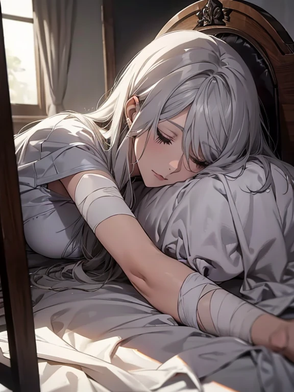 (Confused, High resolution, Very detailed), 1 female, Silver Hair,Long Hair,,White patient gown,,Appearance of the injury,24th generation,beauty,mature,thin,quiet,Calm,Sleeping in a medical bed,Sleeping on your side,,右腕にbandageをしている,hospital,I was injured,bandage,Sleeping,Lying in bed