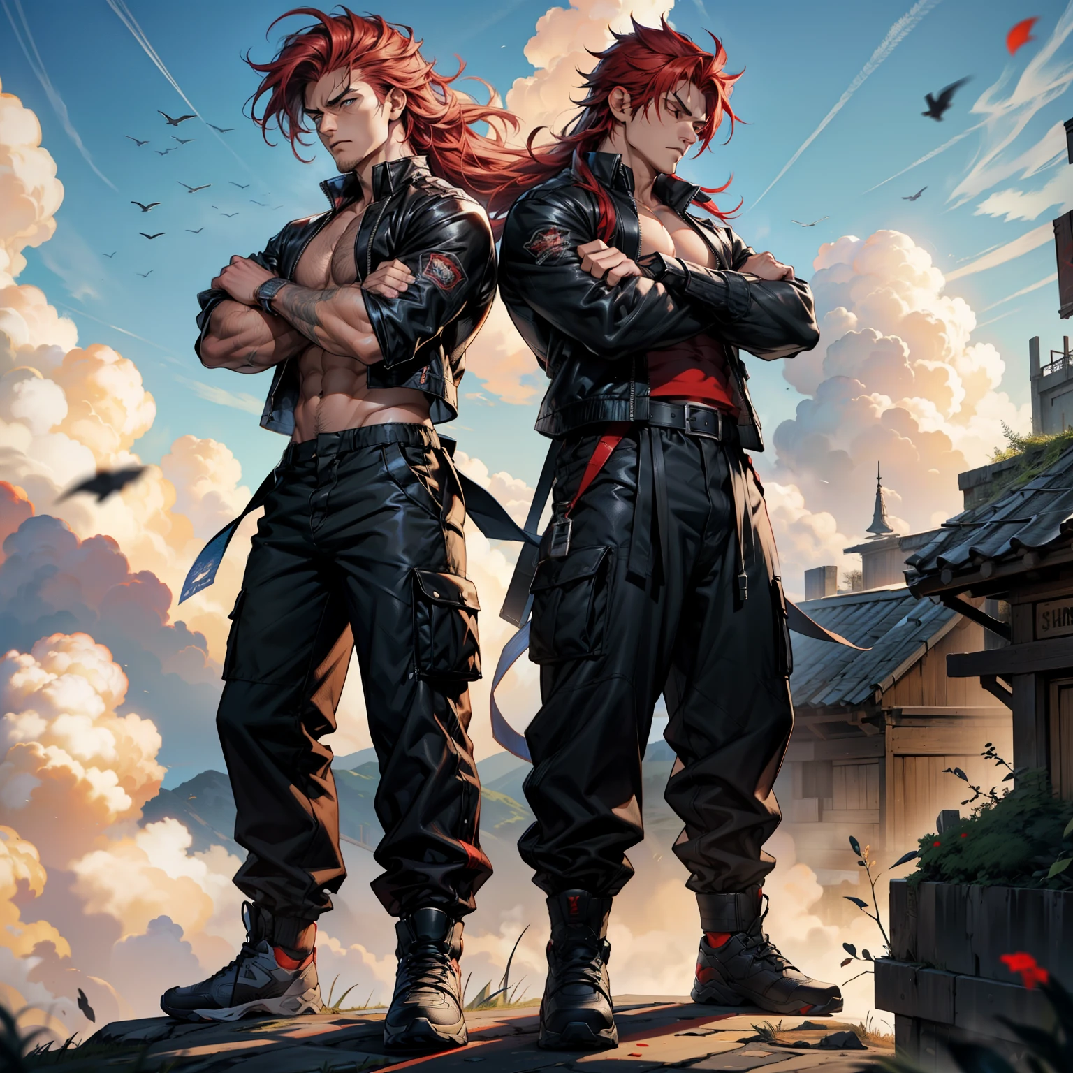 1boy, 26 Years old, Serious face, red hair, long hair, muscular, shirtless, ((black long pants)), punching, blue sky, cloud