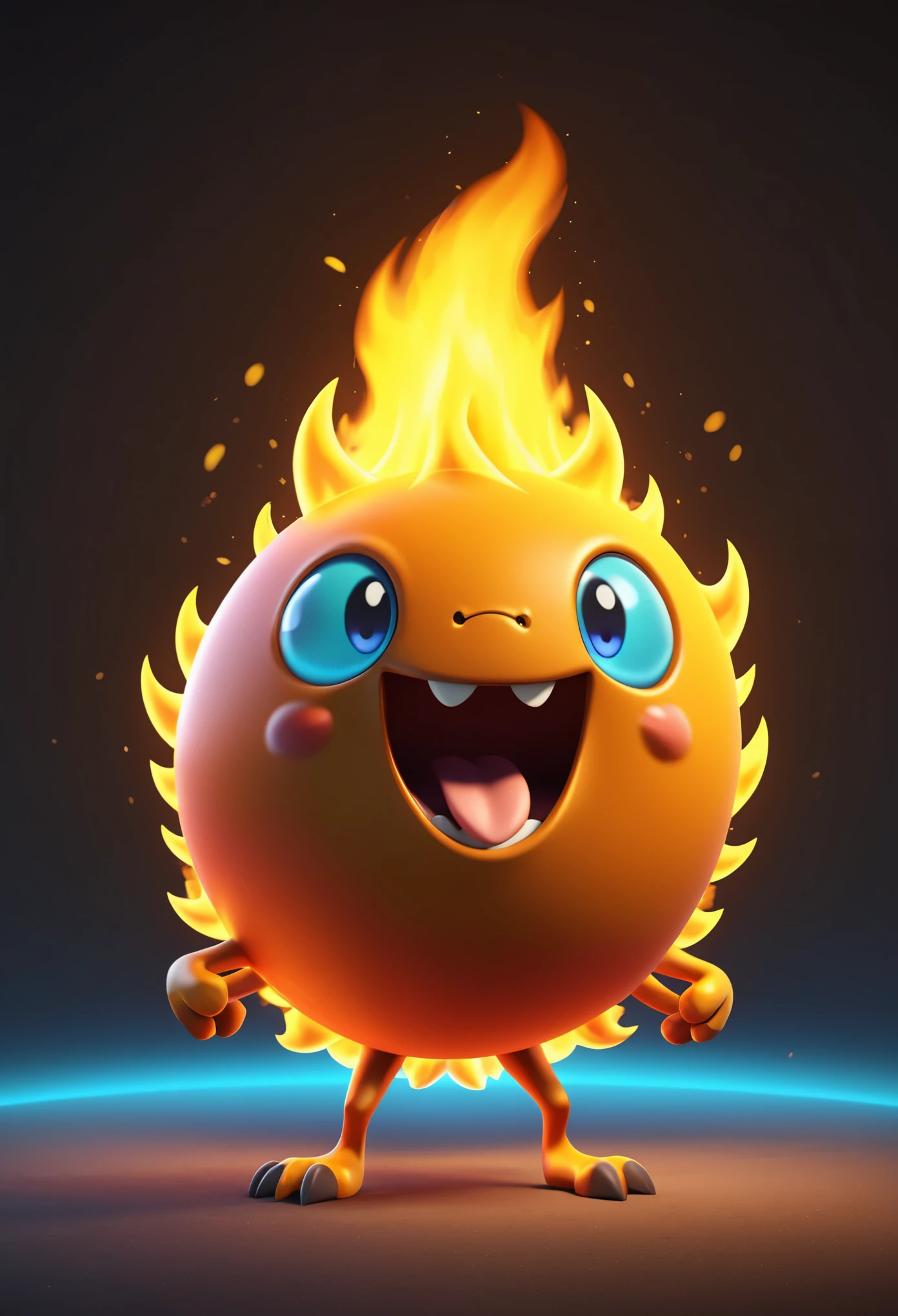 A cartoon fireball with a face with eyes and a mouth and legs, escaping from here, Pokémon style fire monster, cute 3 d render, character is covered in fire, rendered in cinema 4 d octane, blender art, cinema 4d colorful render, highly detailed photo of happy, rendered in cinema4d, rendered in cinema 4 d, colorful octane render, 3 d illustration, 3d illustration, stylized as a 3d render . Vibrant, cute, anime, fantasy, reminiscent of Pokémon series