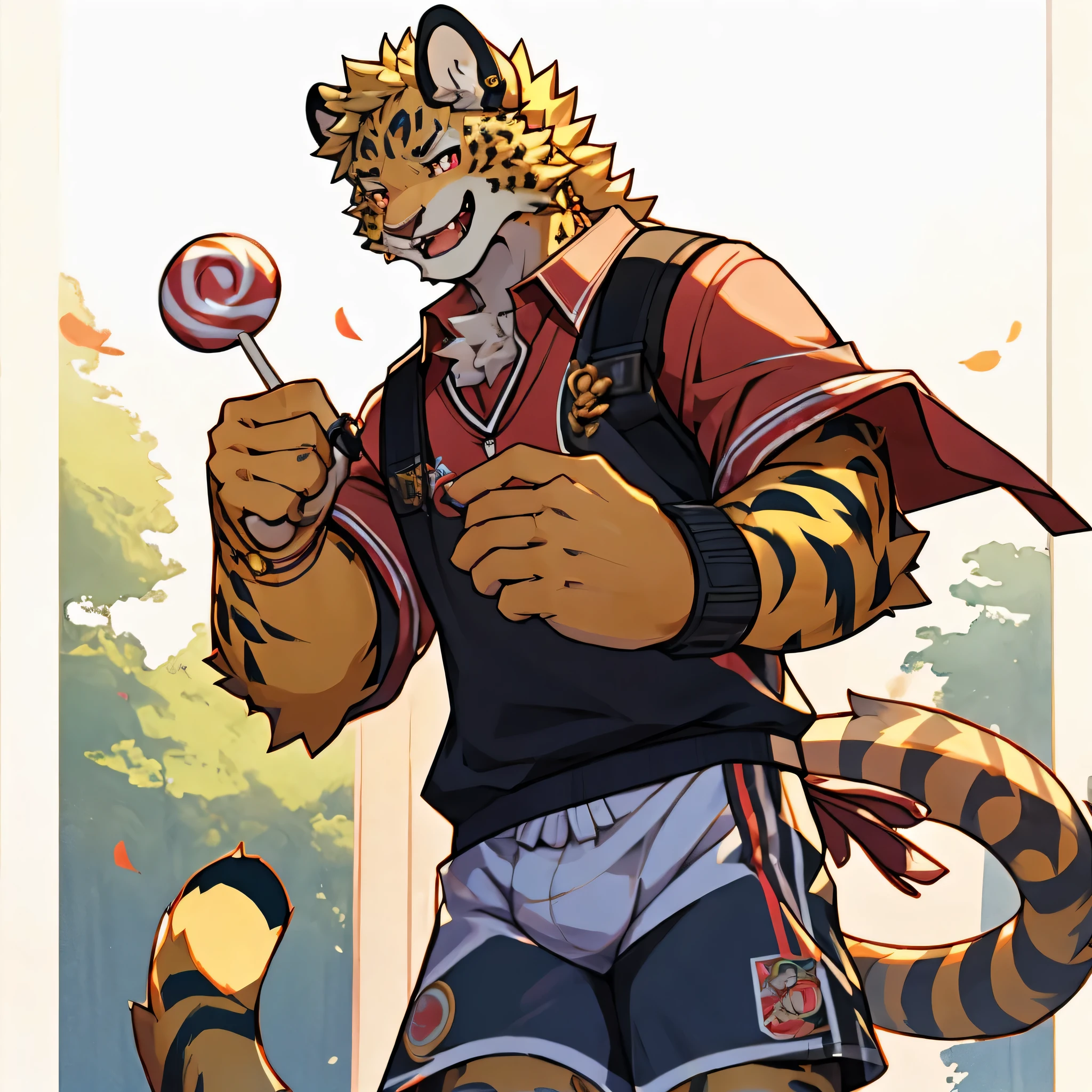 child，Dreamy，Golden fur，Blonde hair，Leopard，Red eyes，Laughing，Wear short sleeves and shorts，Holding a lollipop，In the background is a candy house（Details，Eyes Details）