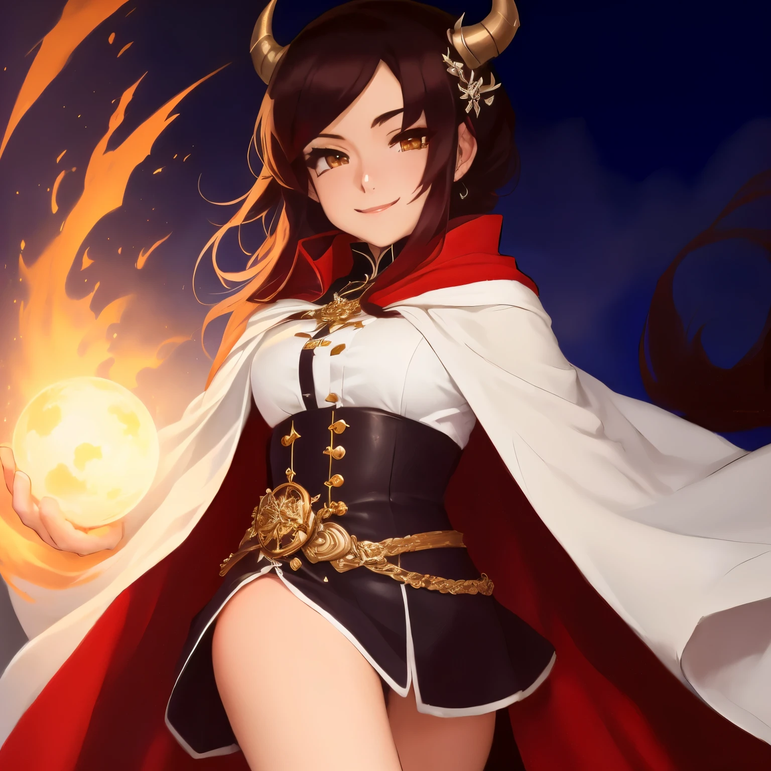anime character with a Vermelho cape and a white shirt, [[[[sorrindo maldosamente]]]], demon slayer rui Admirador de arte, official Admirador de arte, sorrindo lascivamente, high quality Admirador de arte, commission for high resolution, ((Vermelho)) olhos esbugalhados, detailed Admirador de arte, de arte, em estilo anime, Admirador de arte, black - haiVermelho mage, official de arte