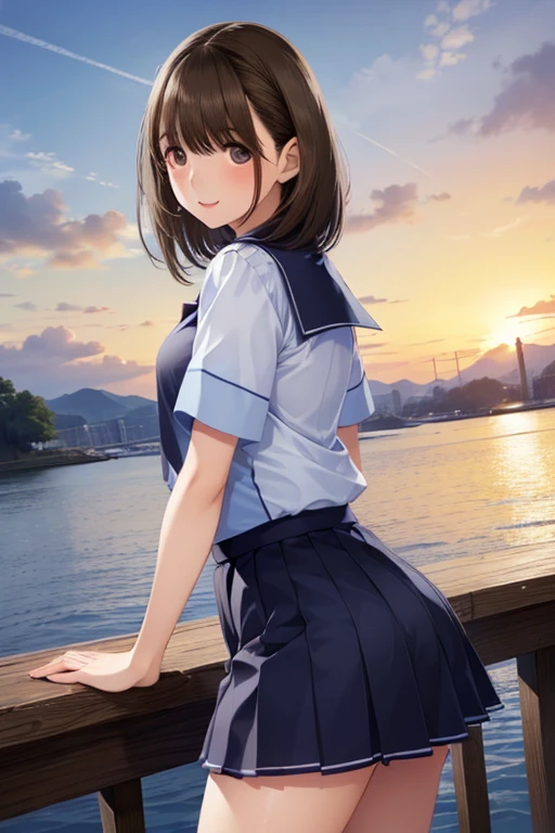 Thin Hair, High resolutionの目, beautiful, Bright and transparent, Large, attractive eyes, eyeliner, double eyelid, beautiful legs, Face Focus:1.3, , (From the side:1.2), A proper woman, 28 years old,((Looking at the audience:1.2)),
1 person, (魅惑的なsmile: 1.2), ((Pure and cute girl:1.3)), anegasaki nene、Shiny brown hair, short hair, Beautiful brown eyes、smile、Sparkling eyes, (Fine grain)、Ultra-detailed eyes、非常にDetailed face, Highly detailed eyes,
(Tabletop, highest quality, High resolution, , Pixel perfect, 4K,), 1 person, single, alone, Beautiful woman、 ((Brown eyes, beautifulまつげ, Realistic eyes)), ((Detailed face, blush:1.2)), ((Smooth texture:0.75, Realistic texture:0.65, Realistic:1.1, Anime CG Style)), Medium chest, Dynamic Angle, Perfect body,
Short-sleeved sailor suit、Navy blue mini pleated skirt、A woman with short brown hair smiling as she looks back at the sunset sky