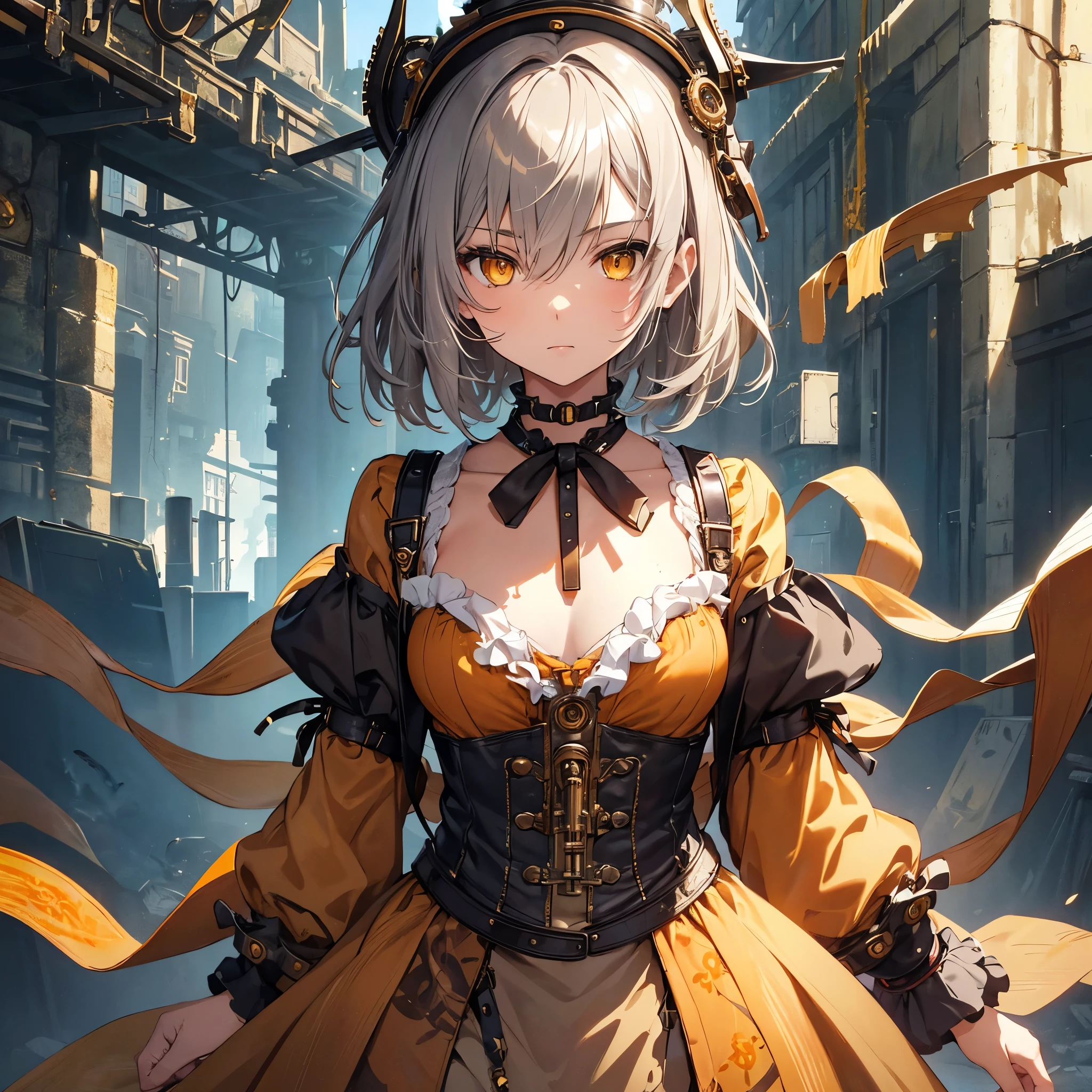 masterpiece, highest quality, Perfect Face, Highest Resolution, Highest quality,Detailed depiction of the eyes, 1 girl, young, slender body, Short, deep tan skin, slate gray hair, short  hair, upturned eyes, Yellow Orange eyes, Perfect Anatomy, steampunk, ribbon choker, steampunk風の衣装, goggles