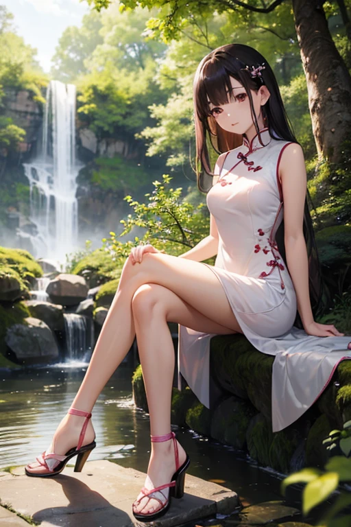 adult japanese girl, breathtaking cherry tree valley, ((long white elegant sleeveless long cheongsam dress with pink details)), smooth and beautiful legs, long black hair flowing in the wind, high heels sandals, beautiful nature, japanese countryside, small water spring with small waterfall, ((high quality)), extremely detailed, bokeh, dof, (hand on chest), large breasts, sitting in front of a cherry tree, elegant wooden stool, (elegant lady sitting pose),knees together, correct body anatomy