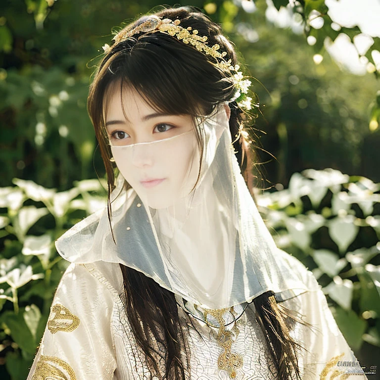 Wavy hair Wavy hair,Head close-up,Eyes are very delicate,Chinese Beauty,Gorgeous lace gold and white Hanfu,(((Hair accessories)))(((veil))),necklace,((shiny skin))a garden with many flowers,(((masterpiece))), ((best quality)), ((Intricate details)), ((Surrealism))(8K)