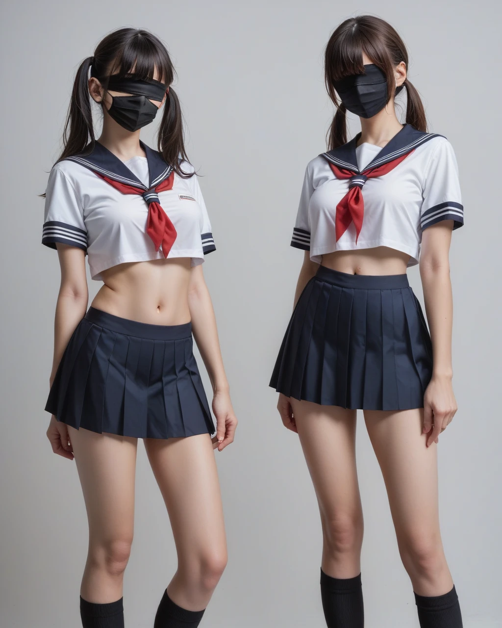 score_9,score_8_up,score_7_up, masterpiece, source_photo, (realistic:1.4), 4K, simple background, amazing depth, double exposure, surreal, intricately detailed, perfect balanced, deep fine borders, artistic photorealism, smooth, upper body,
2girls, japanese girls, , young girls, short hair, pigtails hair with bangs, (bangs:1.2), (blindfold:1.4), (black mouth mask), school_uniform, sailor_uniform, short_sleeve, large breasts, crop top, large breasts, navel, (microskirt:1.2), high socks, loafers, panties,