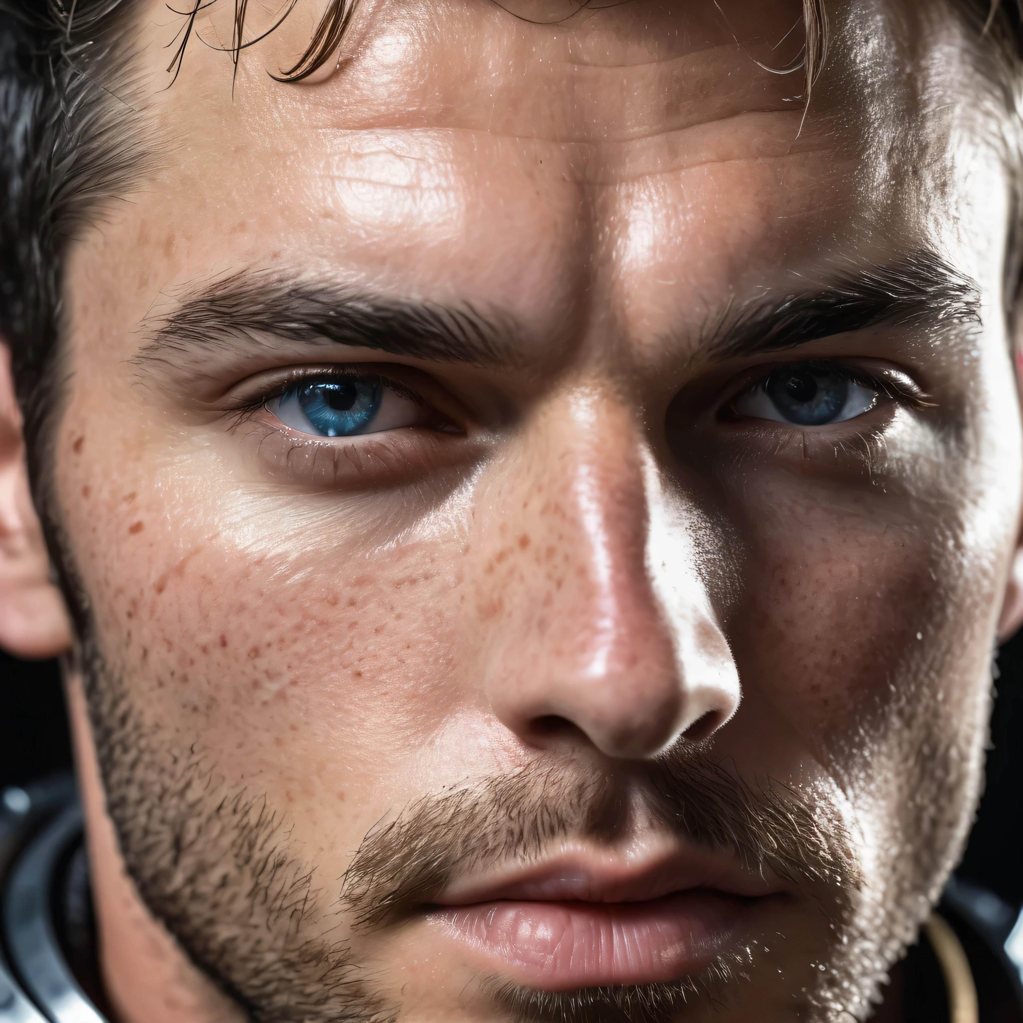 RAW photo, hero portrait of a 30 year old warrior, wearing shiny metal armor, full sharp, detailed face, blue eyes, high detailed skin, 8k uhd, dslr, soft lighting, high quality, film grain, Fujifilm XT3,
upper body, eye level, focus on eyes, dappled light on face, pale skin, no make-up, detailed face and eyes, natural skin texture, highly detailed skin, textured skin, skin pores, oiled shiny skin, skin blemish, imperfect skin, intricate skin details, visible skin detail, detailed skin texture, subsurface scattering, blush, few freckles, few moles, goosebumps, skin imperfections, skin pores, wrinkles, vitiligo spots, whiteheads, blackhead, white pimples, red pimples, beauty spot, skin fuzz, remarkable detailed pupils, detailed iris, very thin eyebrows, (((macro)))