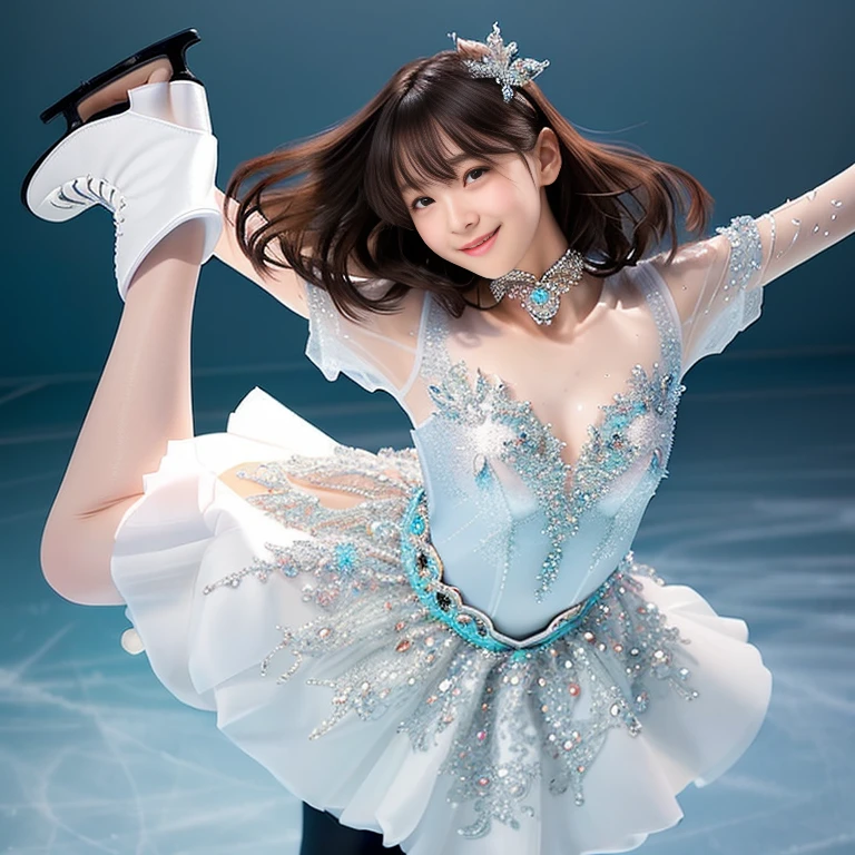 Photo-realistic quality、A 20-year-old Japanese idol skating on an ice rink in a sheer white dress, !!beautiful!!, looking at the camera、beautiful日本人モデル、Detailed and beautiful eyes、Cute smile、A soft and gentle look、Wearing skates