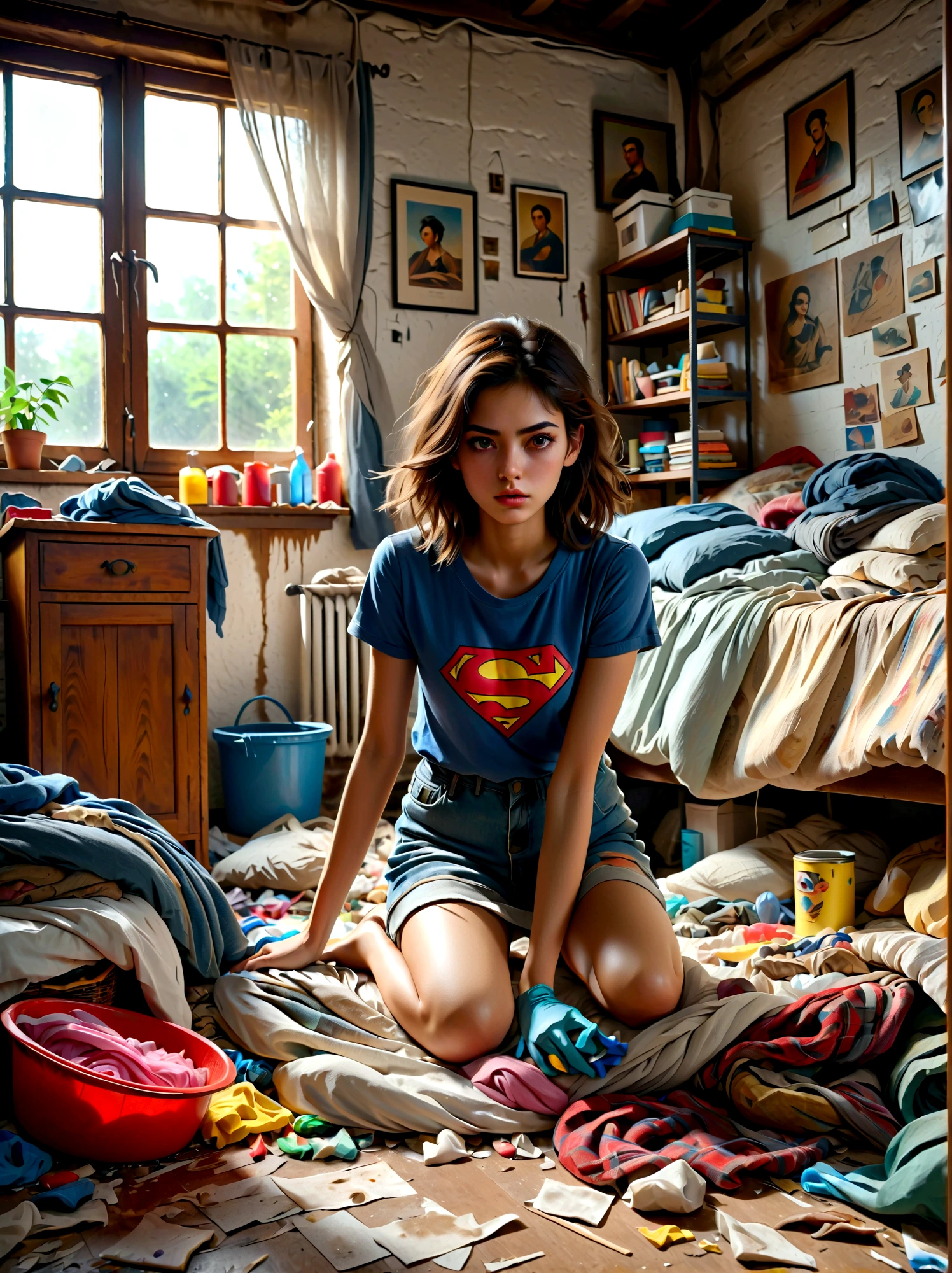 Super Fine, Sharp focus, Physically Based Rendering, Extremely detailed description, major, Vivid colors, A young girl with a disgusted expression, Cleaning a Messy Room, dust, net, A bunch of clothes, Unmade bed, Dirty dishes, garbage on the floor, Realistic details, Beautiful detailed eyes, Beautiful detailed lips, Extremely detailed eyes and face, Long eyelashes, Messy hair, Sweating, exhausted, Frustration, Realistic shadows, Realistic lighting, Natural light