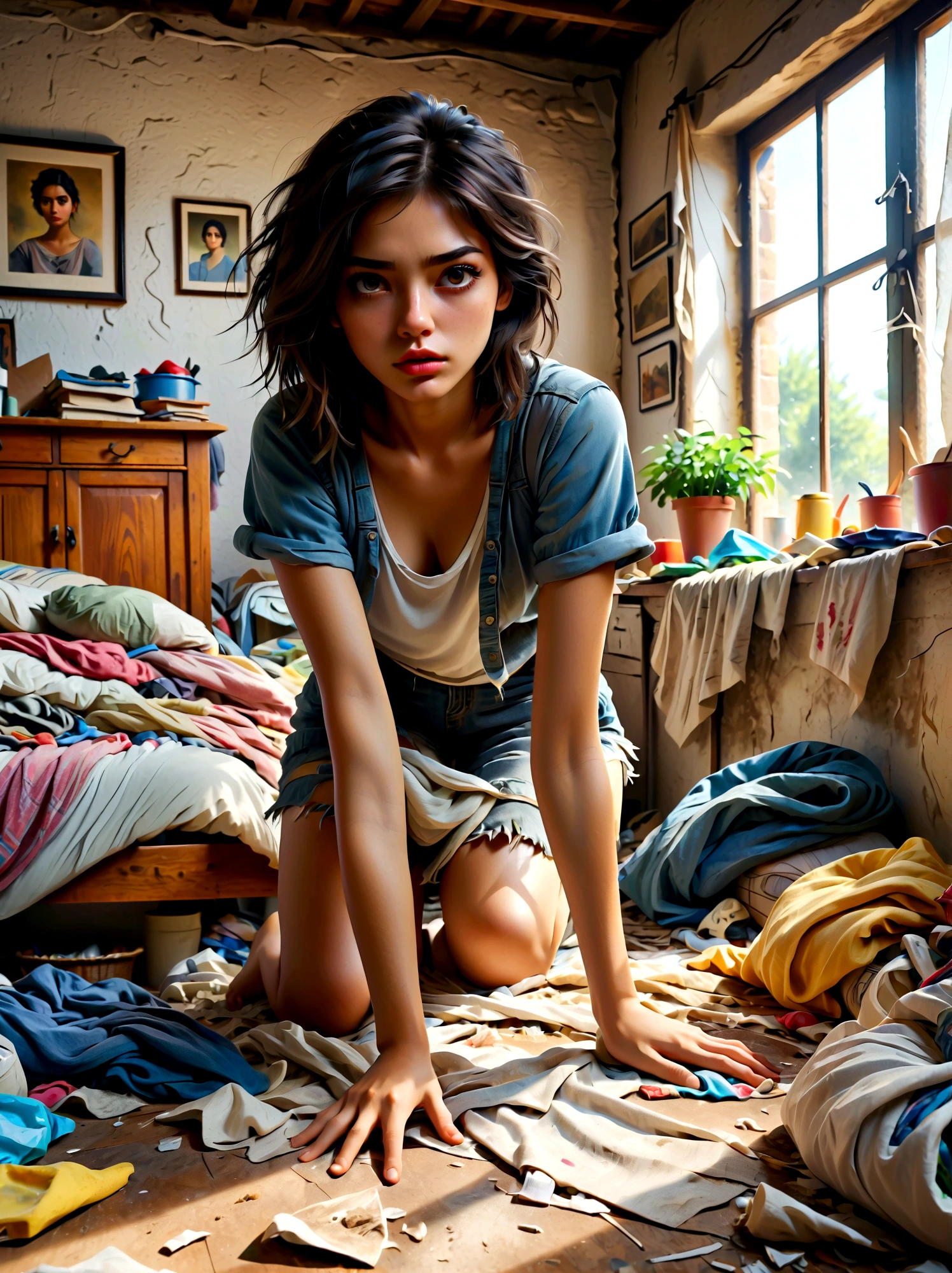 Super Fine, Sharp focus, Physically Based Rendering, Extremely detailed description, major, Vivid colors, A young girl with a disgusted expression, Cleaning a Messy Room, dust, net, A bunch of clothes, Unmade bed, Dirty dishes, garbage on the floor, Realistic details, Beautiful detailed eyes, Beautiful detailed lips, Extremely detailed eyes and face, Long eyelashes, Messy hair, Sweating, exhausted, Frustration, Realistic shadows, Realistic lighting, Natural light