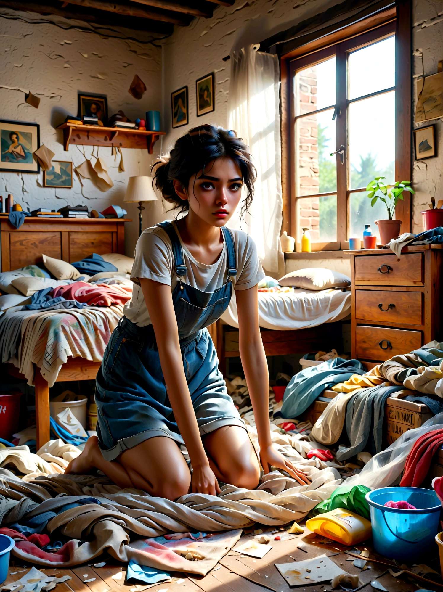 Super Fine, Sharp focus, Physically Based Rendering, Extremely detailed description, major, Vivid colors, A young girl with a disgusted expression, Cleaning a Messy Room, dust, net, A bunch of clothes, Unmade bed, Dirty dishes, garbage on the floor, Realistic details, Beautiful detailed eyes, Beautiful detailed lips, Extremely detailed eyes and face, Long eyelashes, Messy hair, Sweating, exhausted, Frustration, Realistic shadows, Realistic lighting, Natural light