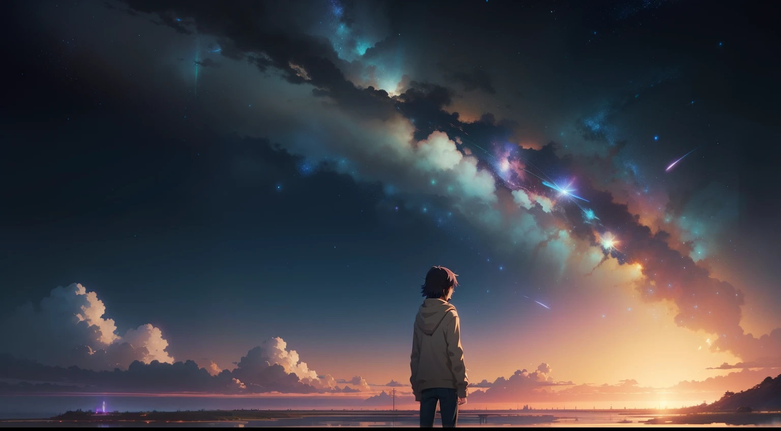 Concept art by Makoto Shinkai.，Tumblr，Magic realism，beautiful anime scenes，Cosmos Sky。 by Makoto Shinkai, ( ( Makoto Shinkai ) ), anime background art, anime background, สไตล์ของMakoto Shinkai, anime movie background, Milky Way Express，without humans。