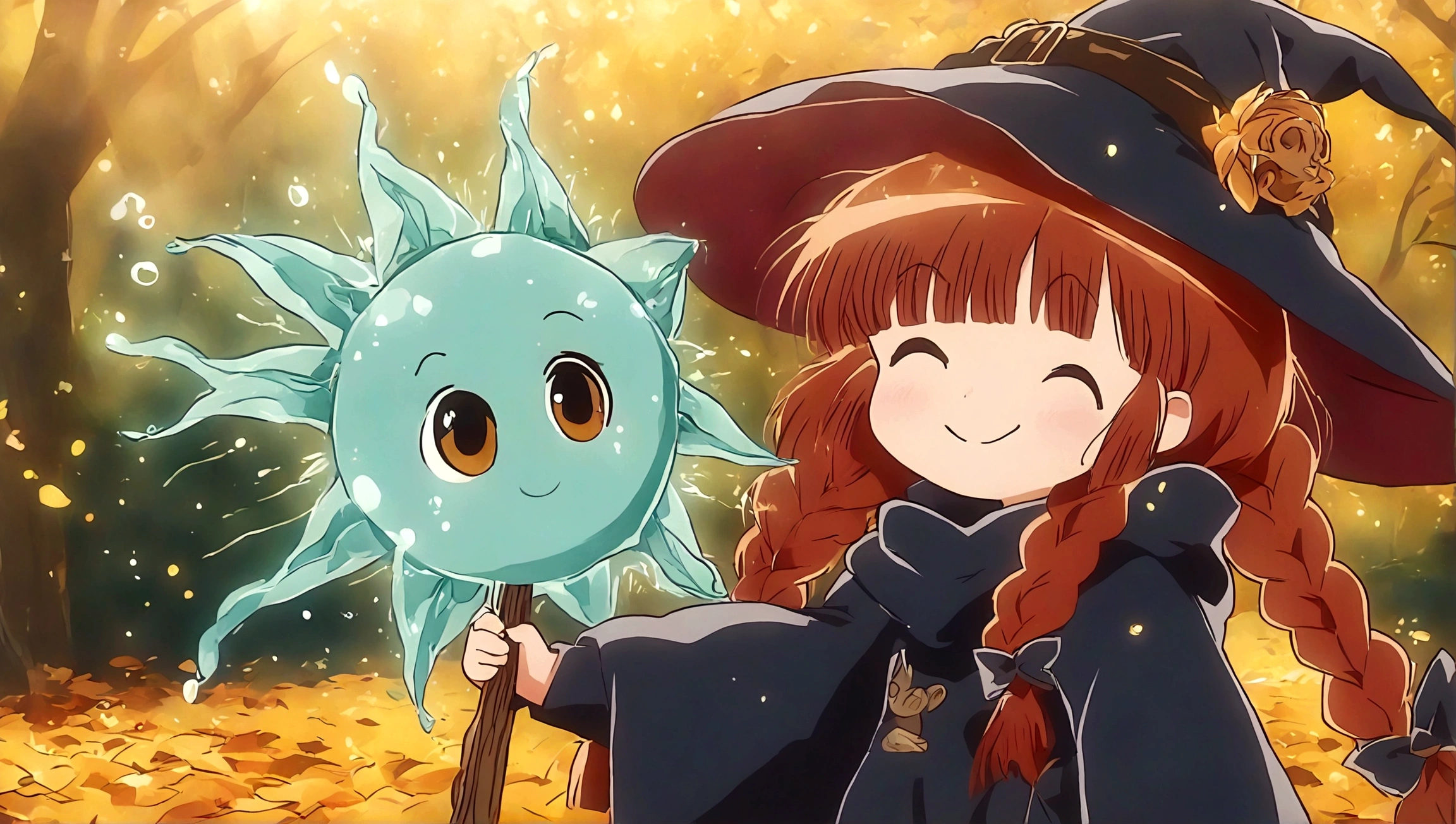 Brown double braids、, Cute anime style Hagrid, a young witch, Anime cute art style, Marisa Kirisame, Witch Girl, Anime Characters, as an Anime Characters, Possess magical powers, young wizard, A different world, Holding a magic wand（8K）（HD）（（best quality））， （（Intricate details））， （（Surrealism））