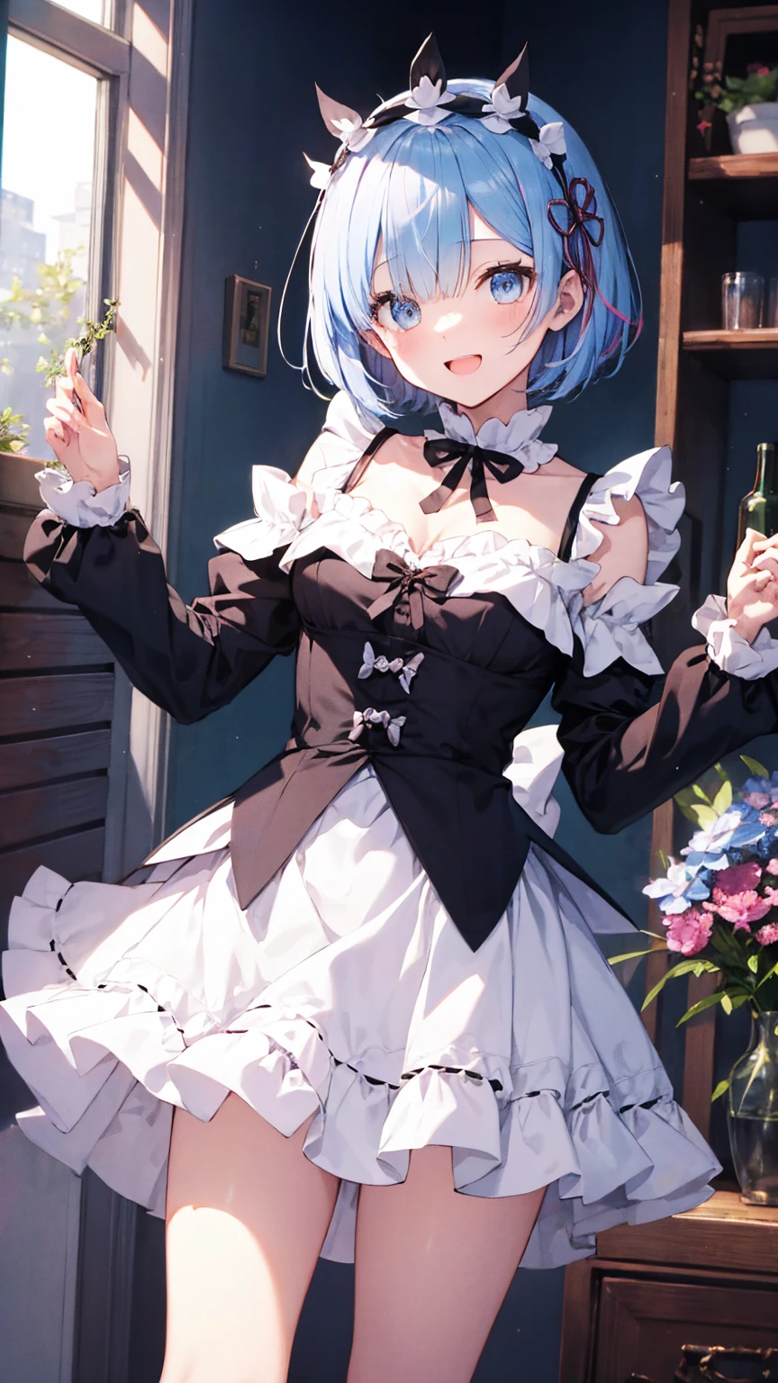 (1girl, NSFW, neferpitou, beautiful girl, beautiful face ((neferpitou)), look at viewer, humiliated, front face, rem, blue eyes, blue hair, hair ornament, hair over one eye, hair ribbon, short hair, x hair ornament apron, black ribbon, black skirt, black sleeves, detached collar, detached sleeves, flower, frilled apron, frilled skirt, frills, head wreath, long sleeves, maid, miniskirt, neck ribbon, purple ribbon, ribbon, ribbon trim, ribbon-trimmed sleeves, roswaal mansion maid uniform, short hair, skirt, thighhighs, waist apron, white apron, white thighhighs,, huge ass, wide hips, large breasts, blush, sweat, realistic, huge breasts), (beautiful, masterpiece, super detailed, perfect lighting, shiny), (white wall, low angle,