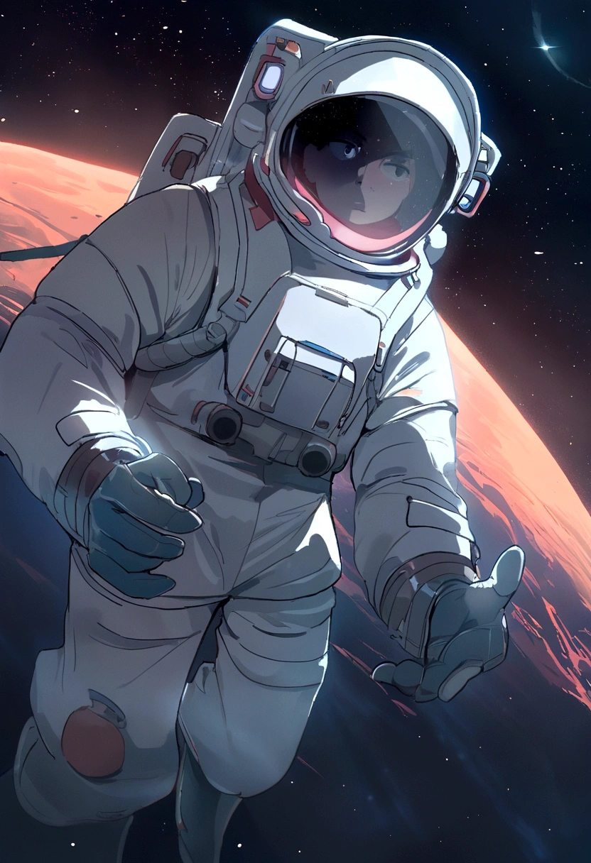 tonalidade roxa,tons brilhantes,Close-up of a man in a space suit standing in the desert, planetes, flutuando ao lado dos planetas, Standing in outer space, Makoto Shinkai Cyril Rolando, Amazing wallpapers, Viagem espacial, Looking into space, fundos de anime, cosmos sem fim no fundo, e McPharlin, Kilian Eng.. mais suave