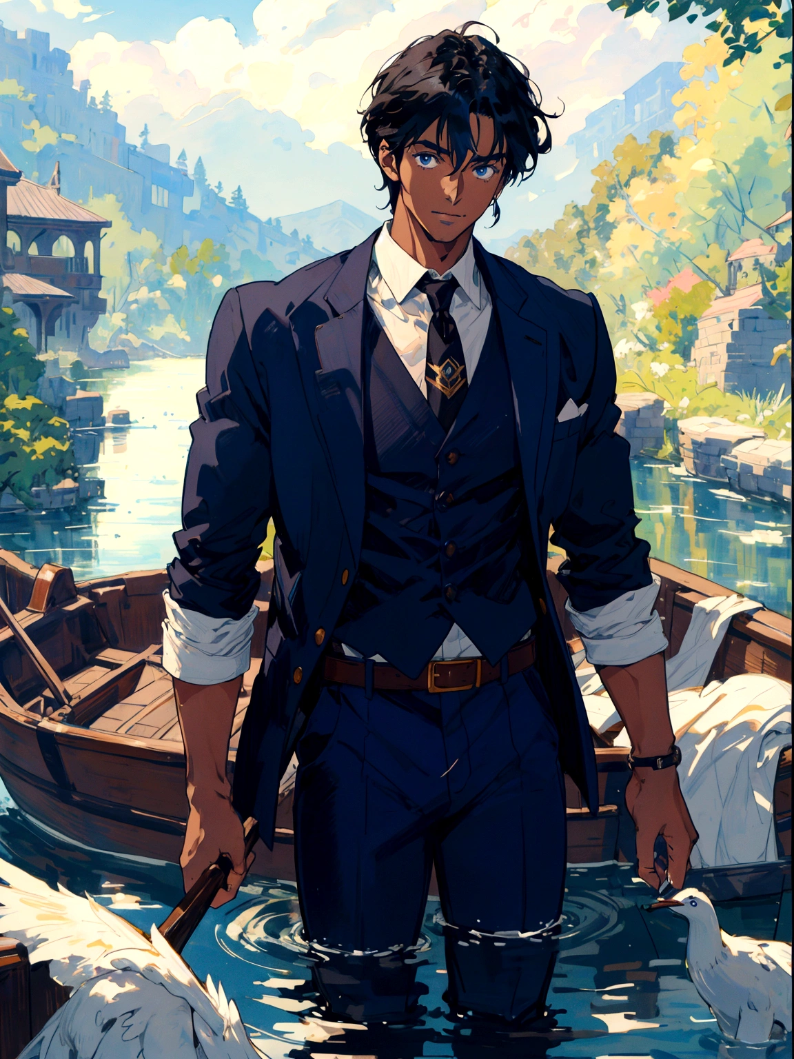 dark-skinned man, tall and muscular build, 28 years old, clean and gentleman-like attire, dandy, 14th century dark blue costume, brown leather belt with Damascus steel buckle, rowing a boat in a river, black hair, beautiful blue eyes, gentle smile, handsome, Anime Style, Clean small surfaces, highest quality、Ultra - High Resolution、Detailed CG、8k unit wallpaper、