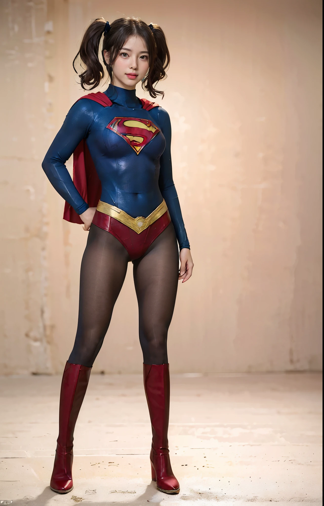 No background、(((Beautiful legs in black tights.)))、(((Legally express the beauty of your smile)))、((((Make the most of your original images)))、(((体にぴったりフィットするSupergirl Costume)))、(((Supergirl Costume)))、(((Beautiful twin tail hairstyle)))、(((She is winking cutely.)))、(((Please wear black tights....、Wear red boots)))、((Best image quality、8k))、((highest quality、8k、masterpiece:1.3))、(((Preserve background )))、Sharp focus:1.2、Beautiful woman with perfect figure:1.4、Slim Abs:1.2、Wet body:1.5、Highly detailed face and skin texture、8k