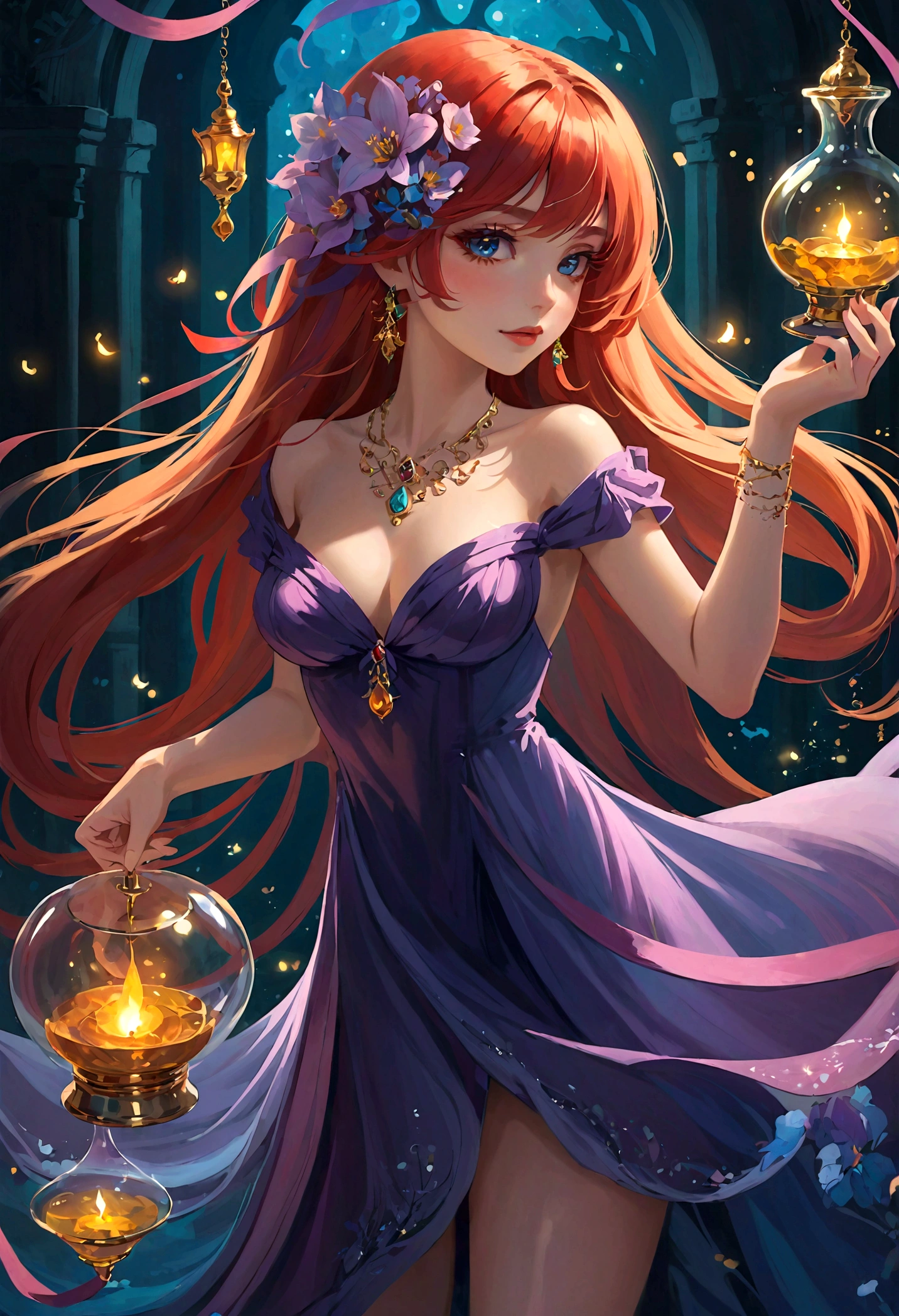 1 Girl, long hair, bright hair color, Seductive eyes, Mysterious expression, Mature appearance, Charming dress, floating dress, Elegant Jewelry, Exquisite decoration, Magic Symbols, Luminous accessories, potion, reel, Lovely Accent, bow, ribbon, Flowers,