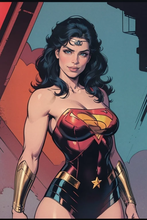 photo of beautiful (EPL4rs3nTh0mps0n:0.99), a wonderwoman in ( colorful, abstract background :1.1), perfect hair, wearing wonderwoman costume, modelshoot style, (extremely detailed CG unity 8k wallpaper), professional majestic (photography by lee friedlander :1.1), ( Kodak Smile 10MP Digital Camera ), 24mm, exposure blend, hdr, faded, extremely intricate, High Detail, Sharp focus, dramatic, soft cinematic light, (looking at viewer), (detailed pupils), cute smile, 24mm, 4k textures, soft cinematic light, adobe lightroom, photolab, elegant, ((((cinematic look)))), soothing tones, insane details, hyperdetailed, low contrast, ("I've got a bad feeling about this.":1.1), ( Pretty preppy :1.2 )