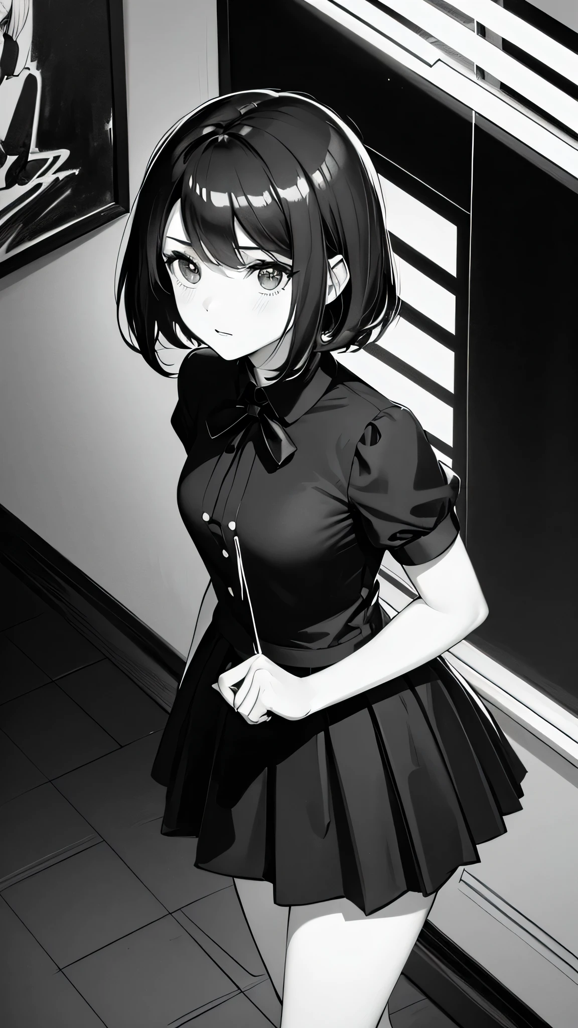 (???? comic style illustration:1.2),(Black and White_High Contrast),One Girl,Line art,Monochrome,sketch,Pencil drawing,Traditional Media,One Girl,skirt,Short sleeve、Are standing, (Cute Teenage Girls, alone),Beautiful portrait、Delicate body、Respect、Sketch Book、Black Hair,Beautiful Landscape,sketch,