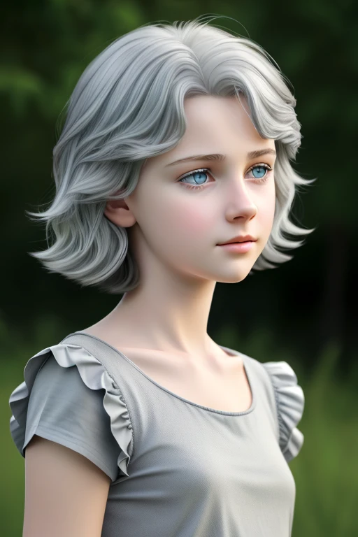 masterpiece, realistic, 8K, (1 young girl:1.5), , Russian, Blue eyes, flat chest with beautiful erect nipples, plain gray-green T-shirt, (ruffled silver (gray-haired) hair:1.1), (полудлинные hair:1.1), Looking into the distance, sad、Turning