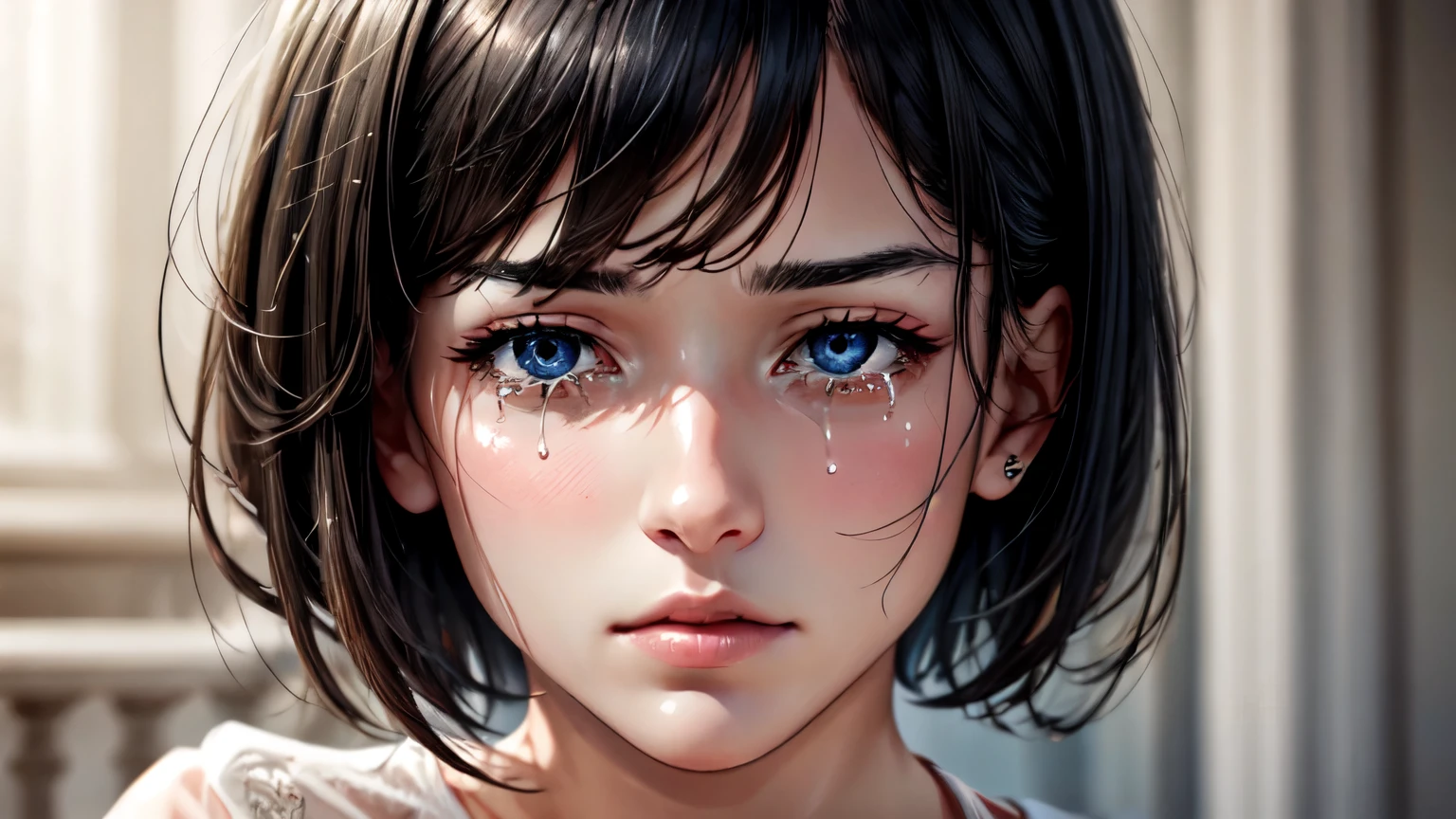 (Precautions for surfing the web:-1), (Masterpiece:1.3), (8ก, realistic, raw photos, Highest quality: 1.4), (one woman), Beautiful face, (realistic Face), beautiful hairstyle, (short hair :1.5), realistic eyes, Beautiful details, beautiful, (realistic Skin), Beautiful skin, (Women's blouses), nonsense, charm, Ultra high resolution, ultra realistic, very detailed, golden ratio, sad expression,Tears streamed down my cheeks.,Close your eyes,