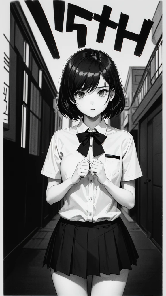 (Noir comic style illustration:1.2),(Black and White_High Contrast),One Girl,Line art,Monochrome,sketch,Pencil drawing,Traditional Media,One Girl,skirt,Short sleeve、Are standing, (Cute age Girls, alone),Beautiful portrait、Delicate body、Respect、sketchブック、Black Hair,Beautiful Landscape,sketch,