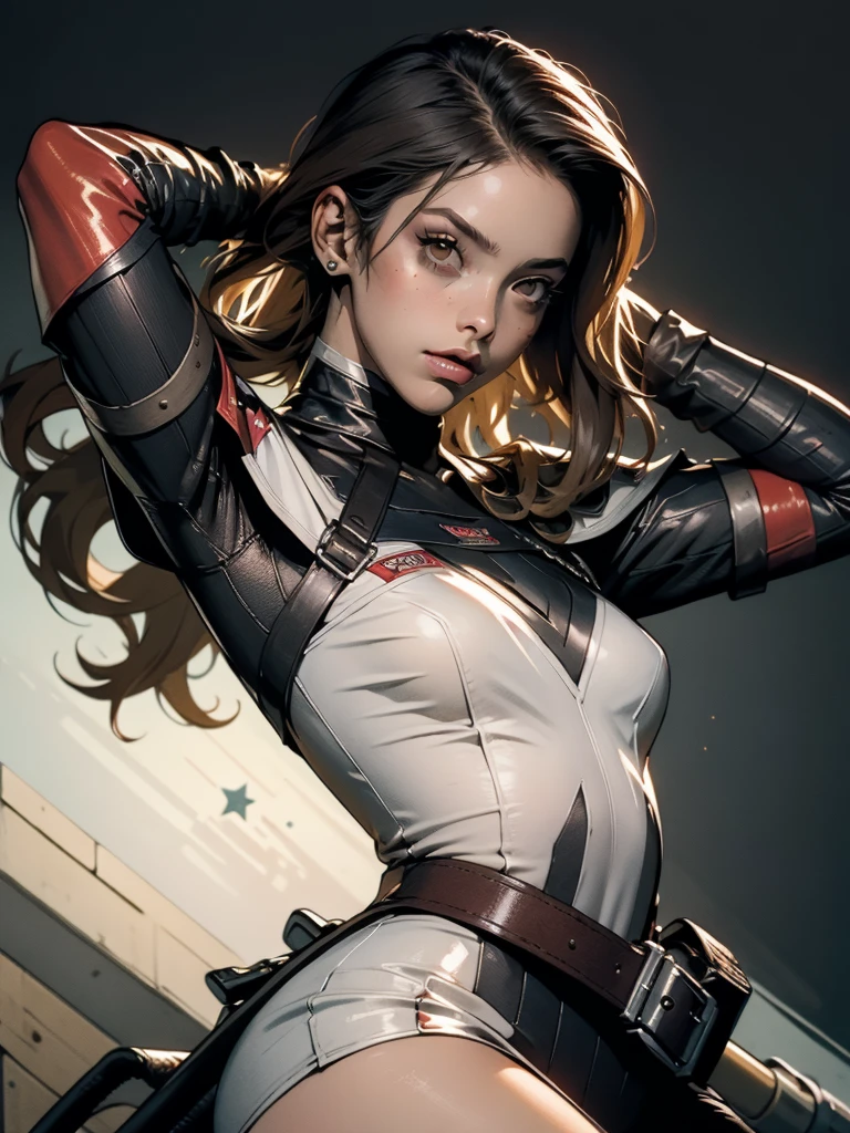 (((mulher))), (((melhor qualidade))), (((obra prima))), (((adulto))), (((1girl))), ((( corte de cabelo bob ))), Uma gladiadora cyberpunk mulher de 25 anos com corpo perfeito, shoulder pads with metal spines, Gladiadores do Brooklyn, (( corte de cabelo bob )), tiny leather panties, camiseta de time de rugby rasgada, quase nua no estilo selvagem urbano de Simon Bisley para a capa da revista Heavy Metal, Cabelo loiro curto, Minimum clothing, Metal protection on the left arm with intricate graphics, Dark red with white stars and white and navy blue checkerboard pattern, armadura, cheio de pontas e rebites, (((do joelho pra cima))), cabelos loiro branco curto, no fundo uma parede pintada por Shepard Fairey com um design intrincado