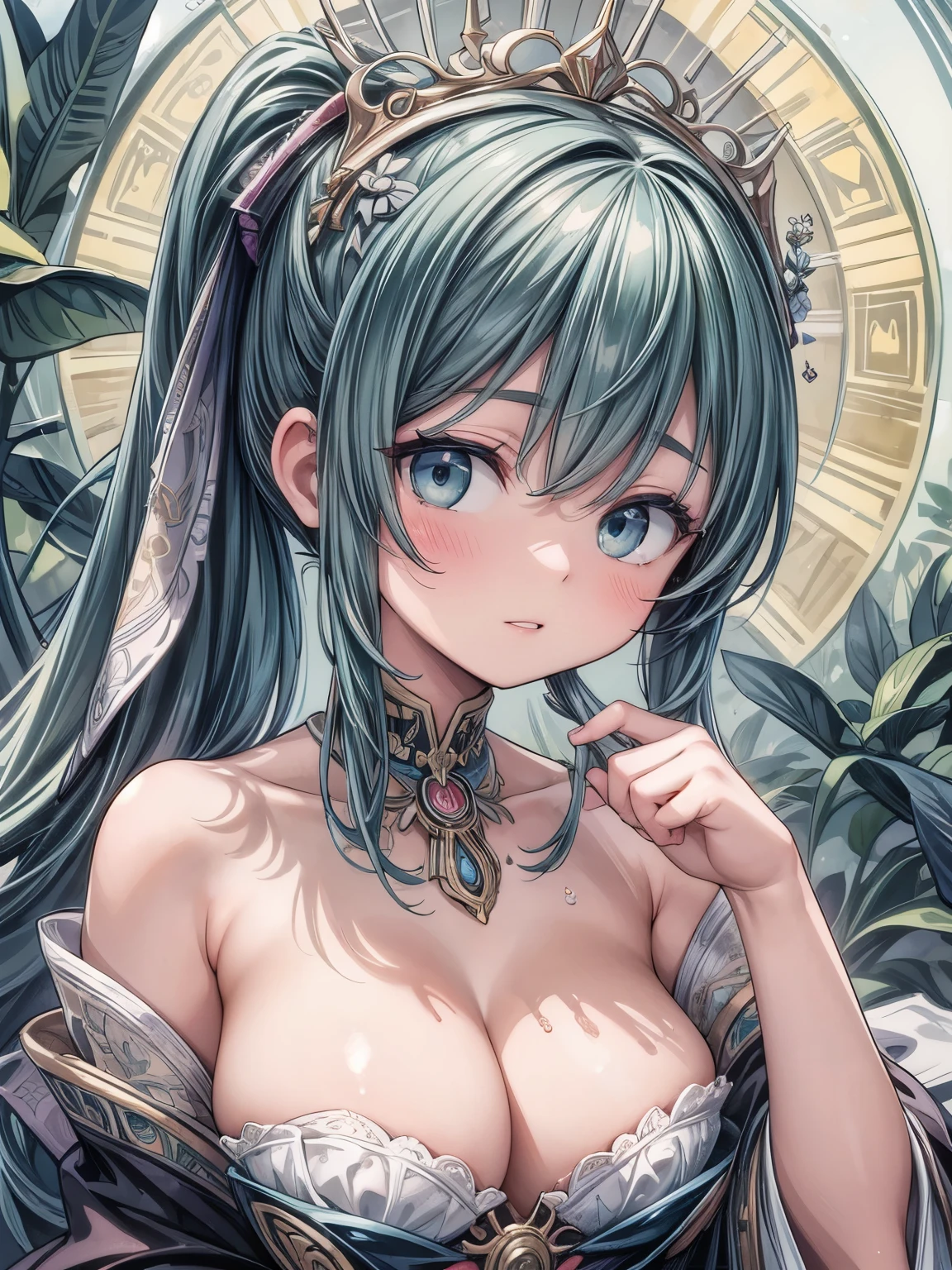 (masterpiece、highest quality、highest quality、Official Art、Beautiful and beautiful:1.2)、(One girl:1.3)Hatsune Miku、Twin tails,Beautiful breasts,((masterpiece)), (highest quality), (Cinematic), Art Nouveau, ((Watercolor), goddess, Big Breasts, Big eyes, long and thick eyelash, Cleavage, Fuller lips, long and thick hair, High Ponytail, accessories, Features intricate designs and patterns in the style of Alphonse Mucha.