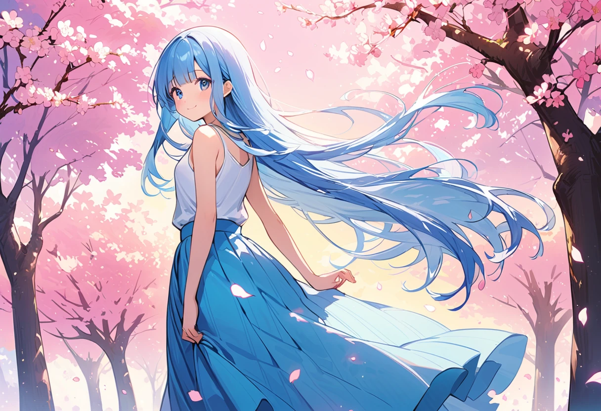 masterpiece, best quality, extremely detailed, (illustration, official art: 1.1), 1 girl, (((light blue long hair))), light blue hair, , long hair ((blush)), cute face, big eyes, masterpiece, best quality, (((a very delicate and beautiful girl)))), amazing, beautiful detailed eyes, blunt bangs, tareme (true beautiful: 1.2), wearing white sleeveless ribbed turtleneck,blue long skirt, ((high tone light blue hair:1.3)),(long hair), (beautiful skin:1.4), neckless,small face, 1 girl, smiling, from behind,1girl, cherry blossoms, cherry blossom petals dance,Whole body,A long skirt fluttering in the wind