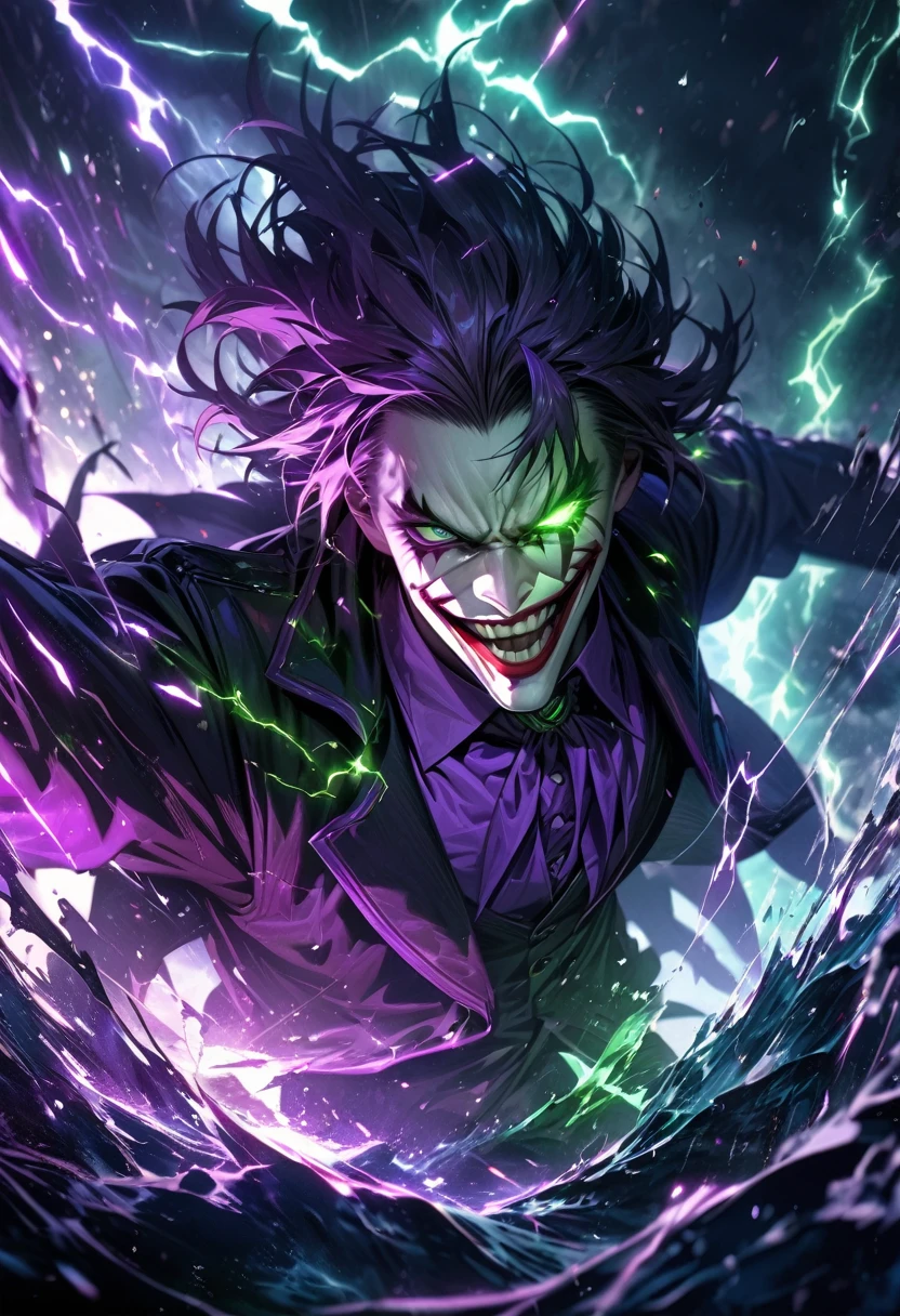 absurdres, highres, ultra detailed, HDR, masterpiece, extremely detailed face and eyes,Heath ledger Joker,,, , solo, man, handsome, ,, , Epic fight scene, purple green water effect, purple and green lightning effect,glowing glitters