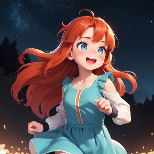 highest quality, Very detailed, Detailed Background, Too cute, Adorable, Dangerously squeezed cheeks, girl, Redhead, Long Hair, Messy Hair, blue eyes, dress, With sleeves, Orange Highlights, Joyful, running, (Happy:0.8), Outdoor, Starry Sky,firefly,Beautiful sight