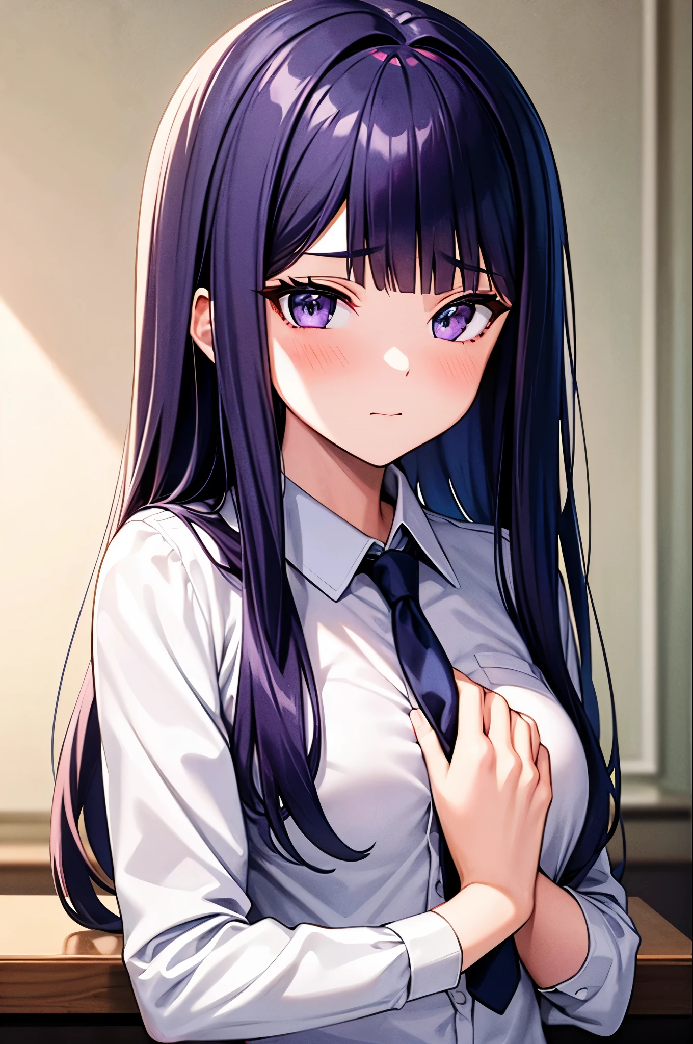 One girl, alone, bangs, blush, Place your hand on your chest, Jill Stingray, Long sleeve, View Viewer, Purple Hair, Medium chest, tie, shirt, alone, Upper Body, Best, bartender, Best, white shirt,