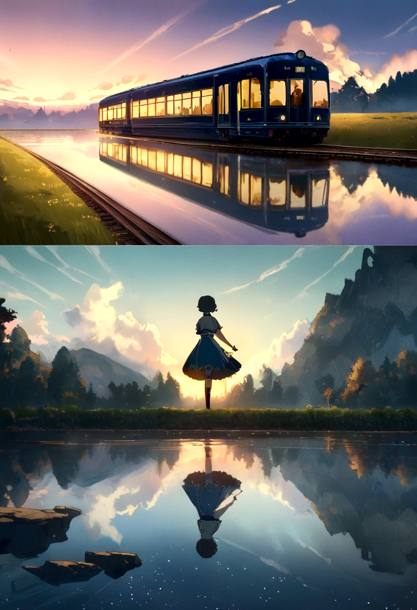Masterpiece, anime train passing through bodies of water on tracks, bright starry sky. Romantic train, Makoto Shinkai's picture, pixiv, concept art, lofi art style, reflection. by Makoto Shinkai, lofi art, Beautiful anime scene, Anime landscape, detailed scenery —width 672, in style of Makoto shinkai, style of Makoto shinkai, enhanced details.