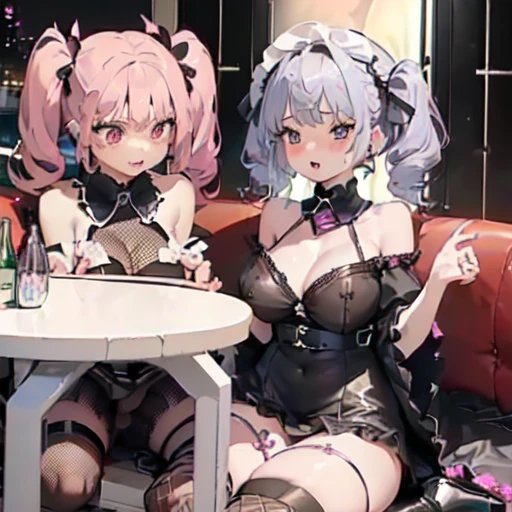 (((Mother and daughter、Young Girl、 Big Tits)))、(((Very big boobs、Very thick thighs、Very big ass)))、((Prostitute、Bitch、aid communication))、((Two girls stressed)）、((Transparent nipples、See-through pussy、Big nipples、Large areola))、((Bare breasts、Fully exposed pussy))、((Hold on to the money、Vulgar expression))、Ahegao、Double Peace、(highest quality, ultra-detailed), figure,
sc1, scenery, night, Lights, indoor, Light, neon Lights, sofa, table,（Dirty brothel）、
sc1, sofa, scenery, table, indoor, night sky, low_Light, Depth of written boundary, From the side, Sitting,, ultra detailed, masterpiece, highest quality, beautiful, detailed,
Sweet stuff face、
(sit on the same sofa、sit close together on a long chair, Large 2 seater sofa:1.5、As if we were standing shoulder to shoulder、throw,From the sideの眺め)、Brat、

One Girl、Black hair in twin tails、short hair、Wavy Hair、Blunt bangs、Purple eyes、((Sweet stuff, Ecstatic face:1.5),Lots of silver earrings、((Big Piercings)), (Pink ruffled outfit:1.5、Off-the-shoulder strapless、ローライズBlack tring panties)、((Fishnet tights))、Platform leather shoes、
(drink alcohol), Leaning forward、（Focus on littked kneeling