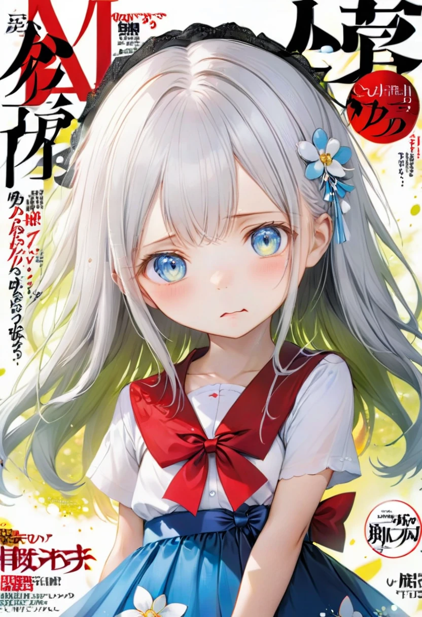 Magazine cover(masterpiece, best quality:1.2),little girl，（（（The eyes are delicate）））Fraction_9,Fraction_8_Direction_7_Direction_6_up, source_Japanese cartoons, disgusted face, Solitary, 1 Girl, looking at the audience,  disgust, skirt, upper body,  White background ,   long hair, Hair combed back,Shadowed side,（8K）（HD）