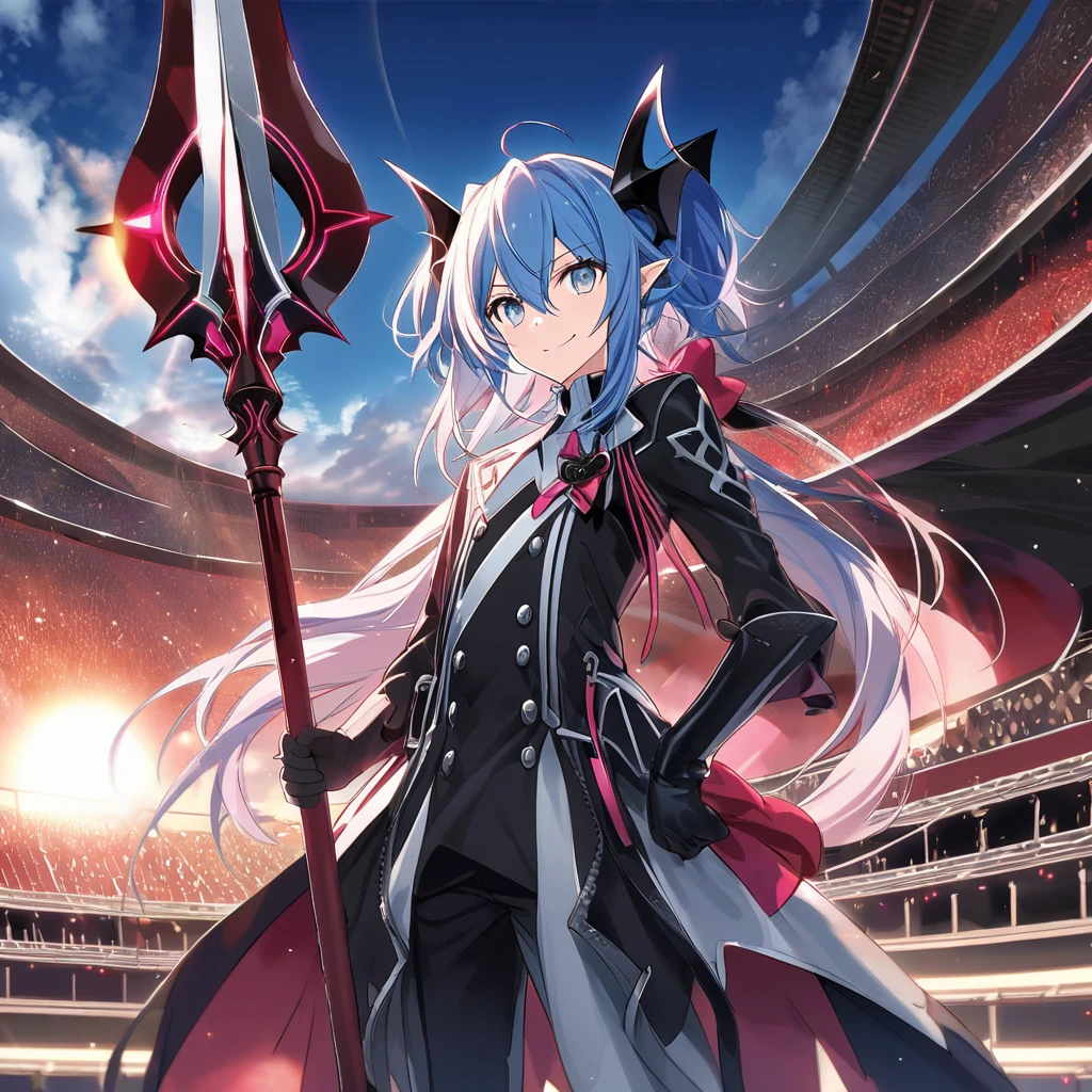 Krul Tepes \(AKB0048 Next Stage\), (waist length hair), (blue hair), (silver eyes):1.2, (spearman), (turtleneck shirt), (pants), (robe), (smiling sharply), ((ultra-detailed)), ((illustration)), ((neat hair)), ((low ponytail)), (beautiful detailed eyes), (male), (1man), (standing), (holding a spear), ((arena, sun, sky)), looking at viewer