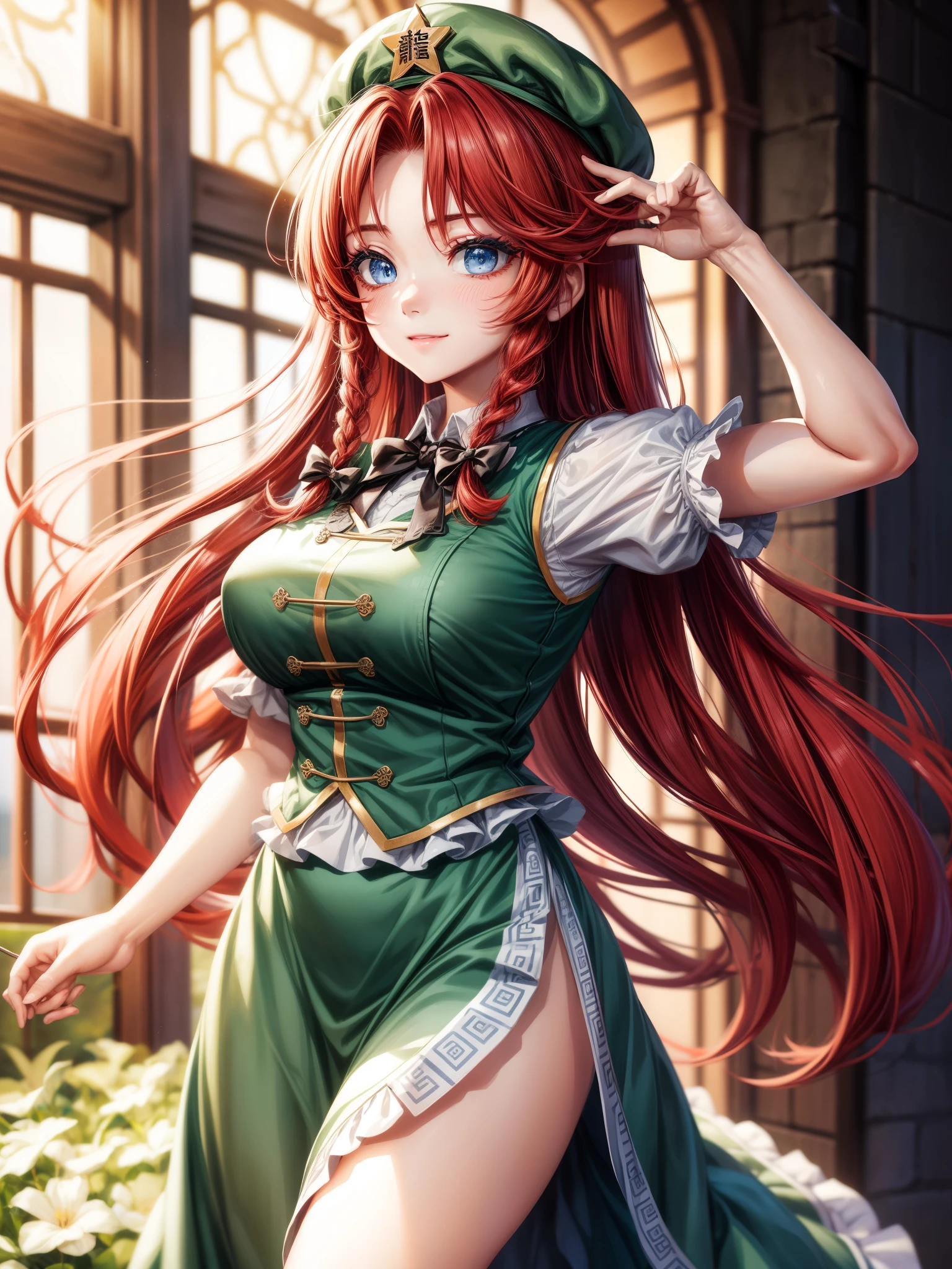 source_anime、One girl、solo、Hong Meiling、Bright redhead、blue eyes、Long Hair、Braid、Messy Hair、beret、makeup、（Red eyeshadow、Black eyeliner：1.2）、eyelash、lips、Large Breasts、Curvaceous、Toned body、（Wide Hips：0.9）、White skin、Ruffled Chinese dress、A bow tie、Green vest、Ruffled dress shirt、Puff sleeves、Short sleeve、Long skirt、Side slits、whip、Half an eye、（Constricted pupils：0.8）、smile、Staring at the audience、（From below：1.2）、indoor、prison、