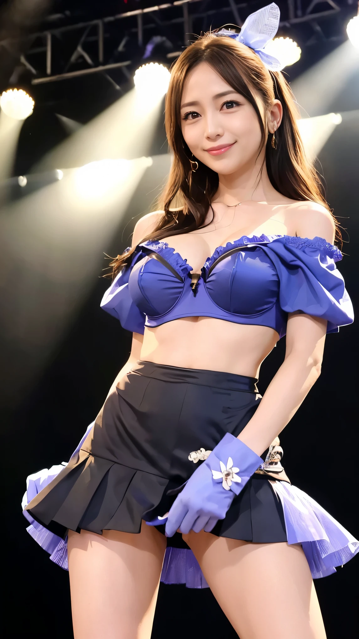 (8k、RAW Photos、highest quality、masterpiece:1.2)、(Realistic、Realistic)、1 girl、((Off the shoulder、Black and blue、corset、See through、mini skirt、Big Breasts、smile、Medium Hair、View from the front、stage、ribbon、garter belt、gloves、Cute Costumes、Wizard、Spotlight、Standing with hands on hips))、Lots of eyelashes、Glowing eyelids、skeletally correct