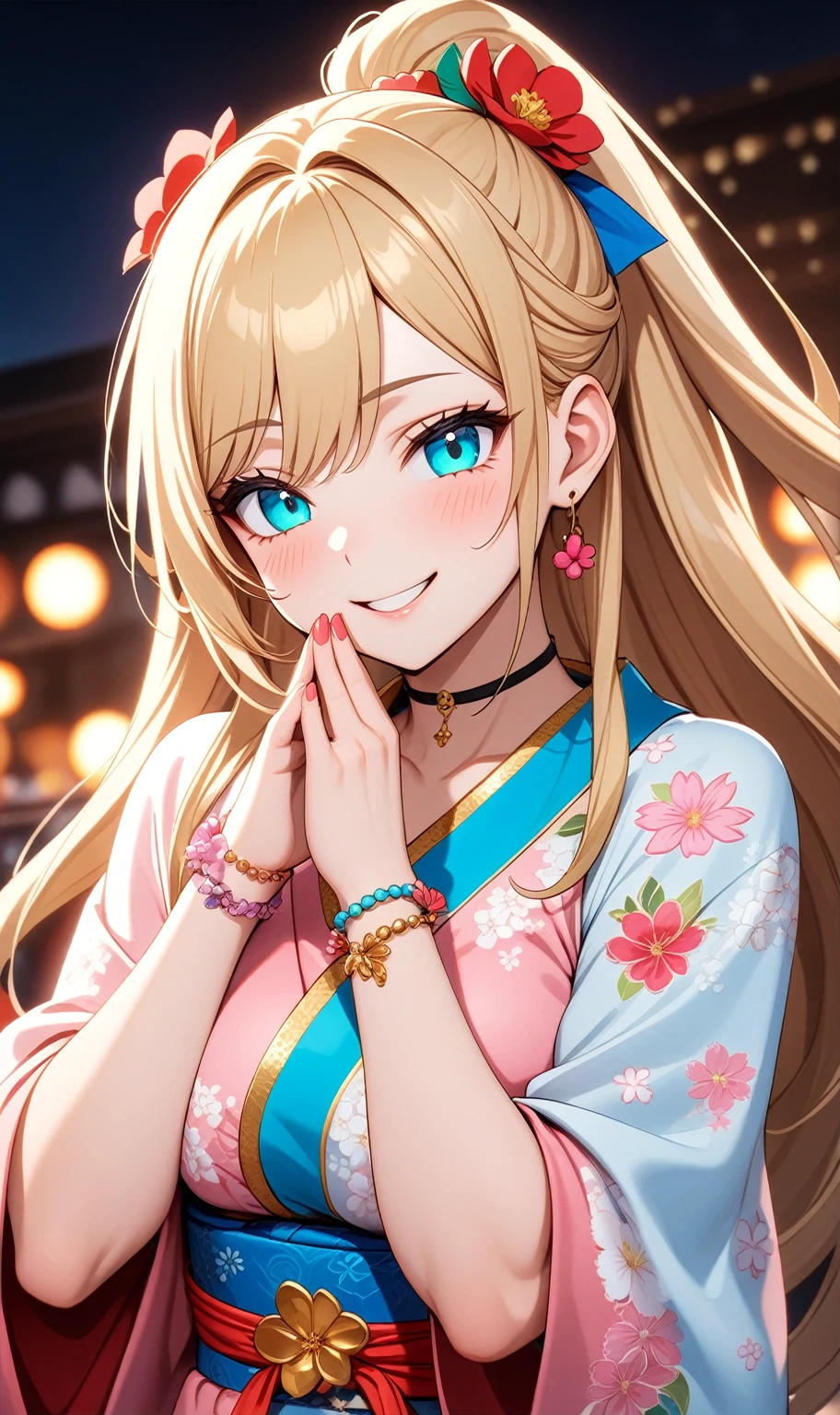 ((one personの女性)), Beautiful Face, Laughing embarrassedly,((Wink:2.3)),((She is holding her cheeks with both hands and has a joyful smile:2.0)),Laughing with your mouth open,((Red cheeks:1.4)),Lighting on the face,Glossy pink lips,night,rooftop,Festive decorations,You can see the ocean, firework,((Anime style background)),masterpiece, highest quality, so beautiful, Latest, Complex details, (Pink long nails),(ring),(flower bracelet),Floral choker,AI-generated, Complex,High resolution, highest quality, super high quality,3D Images、View your viewers、3D Images,one person,Long Blonde Hair,High Ponytail,Turquoise Eyes,Anime woman posing for a photo, (Fine grain,Colorful eyes,Shining Eyes:1.4),(Squint your eyes:1.1),a hyperRealistic , hyperRealistic , Realistic,Blonde anime woman with long hair, Smooth anime CG art, A woman in a colorful kimono with gold embroidery, (Pink kimono),Red floral pattern,Long flower hair ornament,Large floral earrings,(ring),(Big Breasts:1.1),Mature Body,Tall,Big Ass,Fine details,Narrow waist,Abdominal muscles,(Zoom in on face:1.1),