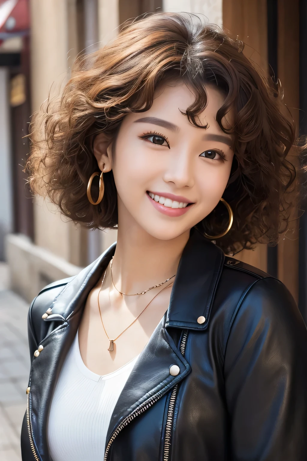 Beautiful young woman of the year、 Korean women、Light brown hair、Afro hairstyle、Perm on hair、Necklace around the neck、leather jacket、shirt、smile, Beautiful teeth alignment、Intricate details, Very detailed:1.2), 、 Looking into the camera,The background is the town、Ear piercing

、Ear piercing