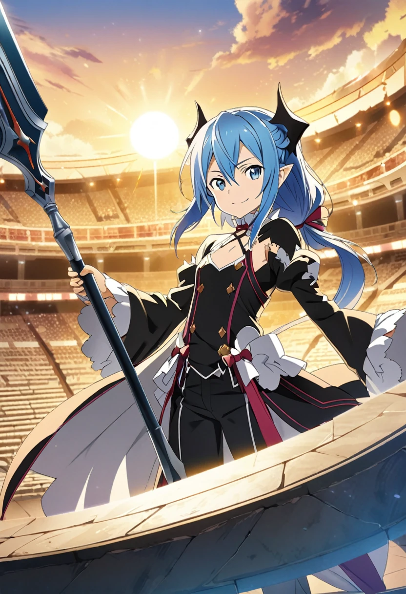 Krul Tepes \(Sword Art Online\), (waist length hair), (blue hair), (silver eyes):1.2, (spearman), (turtleneck shirt), (pants), (robe), (smiling sharply), ((ultra-detailed)), ((illustration)), ((neat hair)), ((low ponytail)), (beautiful detailed eyes), (male), (1man), (standing), (holding a spear), ((arena, sun, sky)), looking at viewer