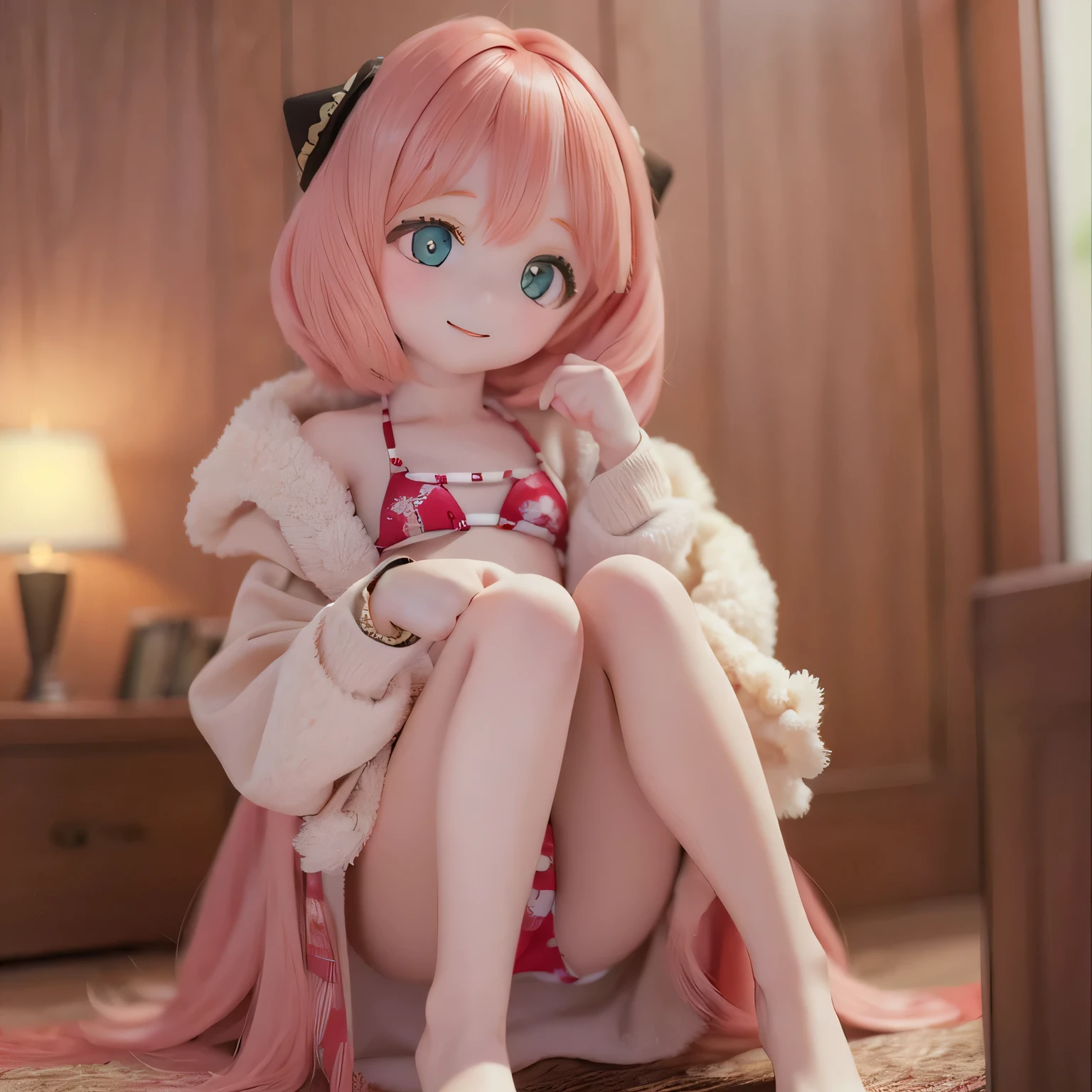 (highest quality,4K,High resolution,masterpiece:1.2),Very detailed,Realistic,Beautiful details,Beautiful lip detail,Long eyelashes,Pink Hair,short hair,smile,5 year old girl, (bikini),Cute expression,Hilarious,Playful,Girlish,Bokeh,Soft lighting,stand、feet