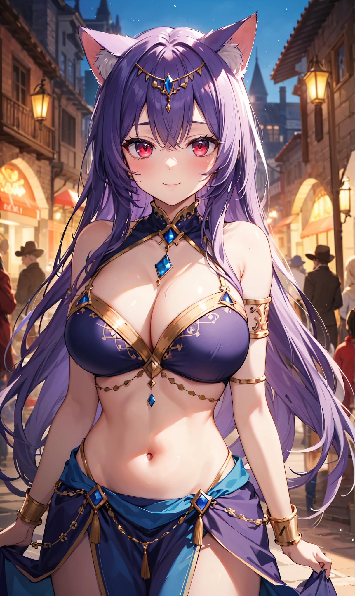 high quality, ultra detailed, best quality, insanely detailed, beautiful, masterpiece, 1girl, medieval plaza, night, cowboy shot, red eyes, long hair, purple hair, belly dancer, cat ears, circlet, armlets, bracelets, bashful smile, large breasts, cleavage, soft stomach