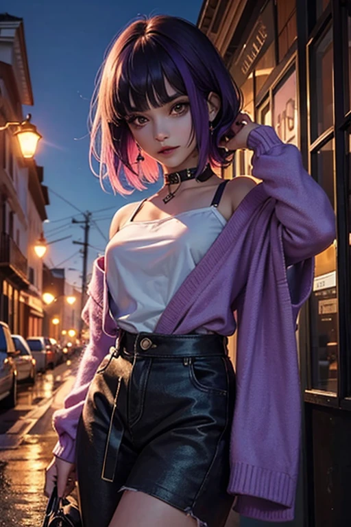 Chica con cabello corto en capas, con algunos mechones de cabello de color morado, ojos marrones, piel morena, straight out of a horror movie